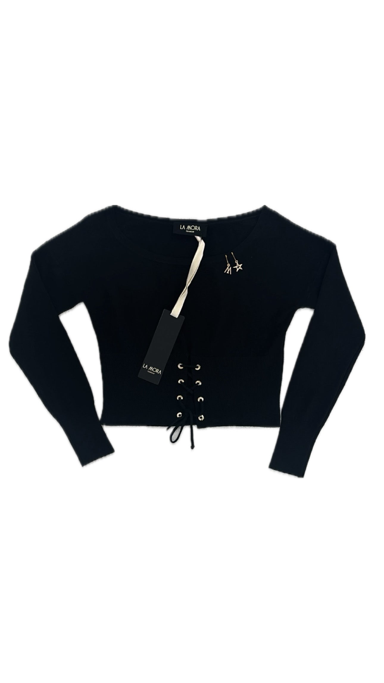 NERO MAGLIA IN CALDA VISCOSA CON ANELLI A VELA DAVANTI E MANICHE PIPISTRELLO