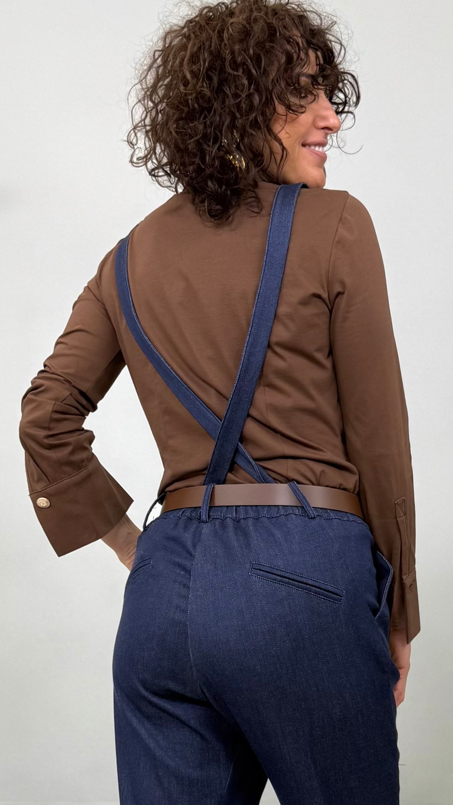 PETTORINA PER EFFETTO SALOPETTE IN MAGLIA TECNICA EFFETTO JEANS