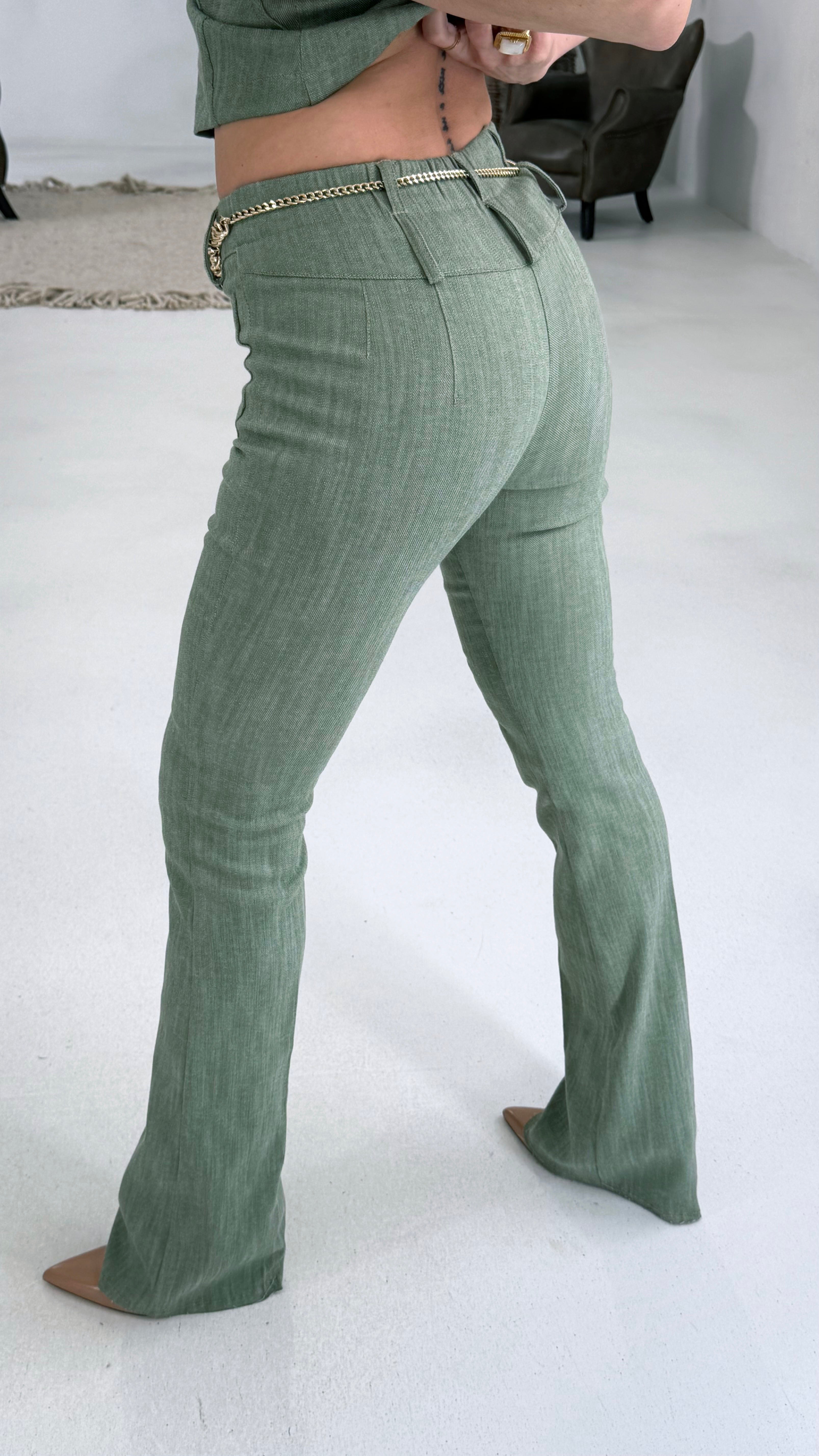 810 P25 VERDE PANTALONE ZAMPA TRAMA JEAANS ELASTICO