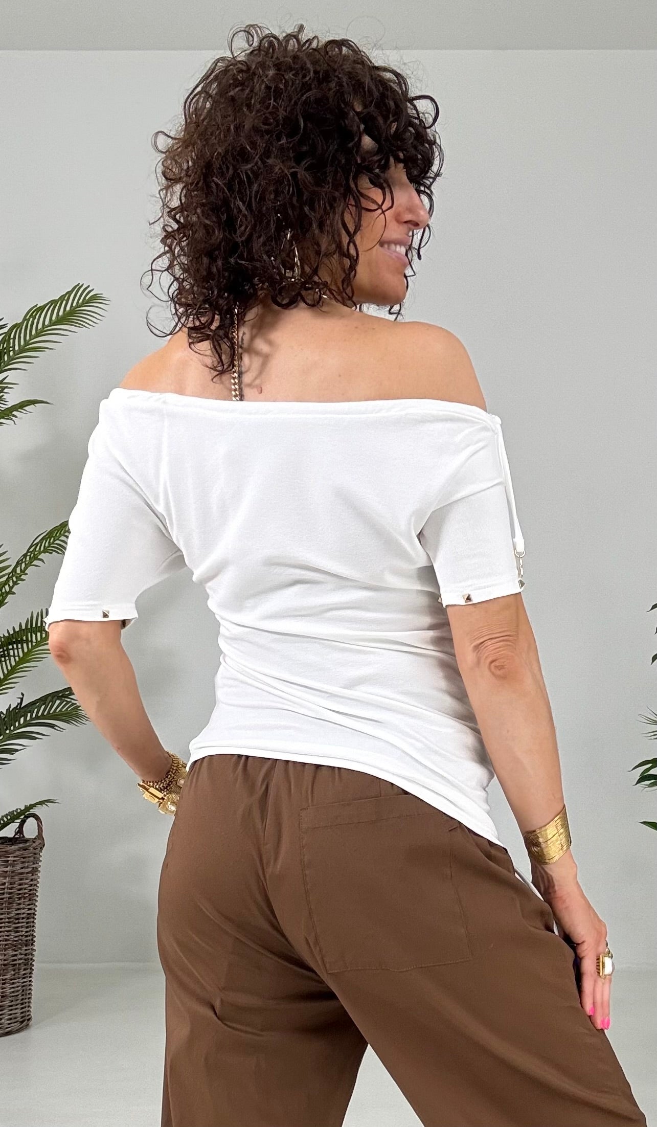 610 P25 BIANCO T-SHIRT ASIMMETRICA ARRICCI IN FELPA LEGGERA DI VISCOSA