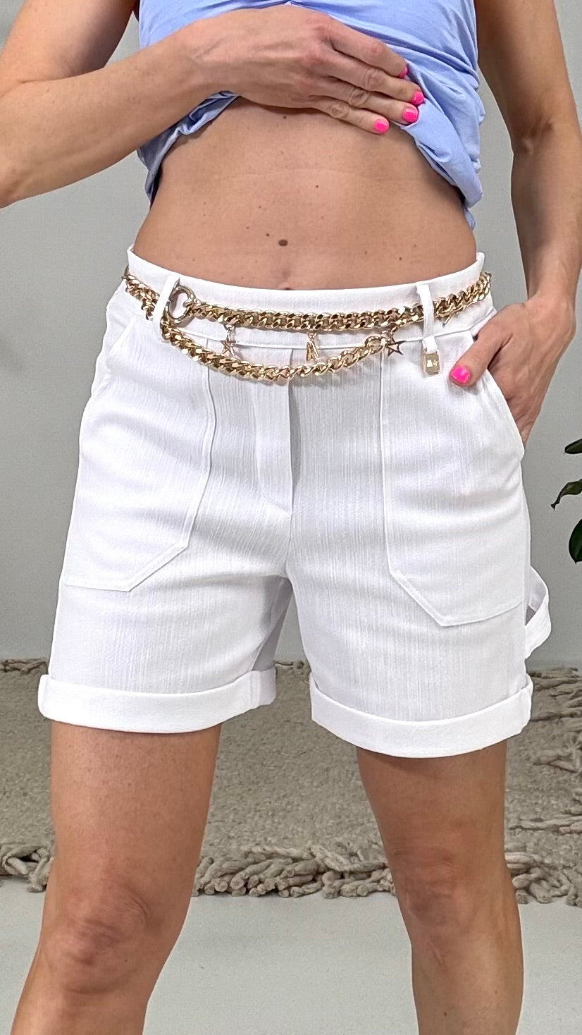 827 P25 BIANCO OTTICO BERMUDA IN COTONE TRAMA JEANS CON TASCHE APPLICATE