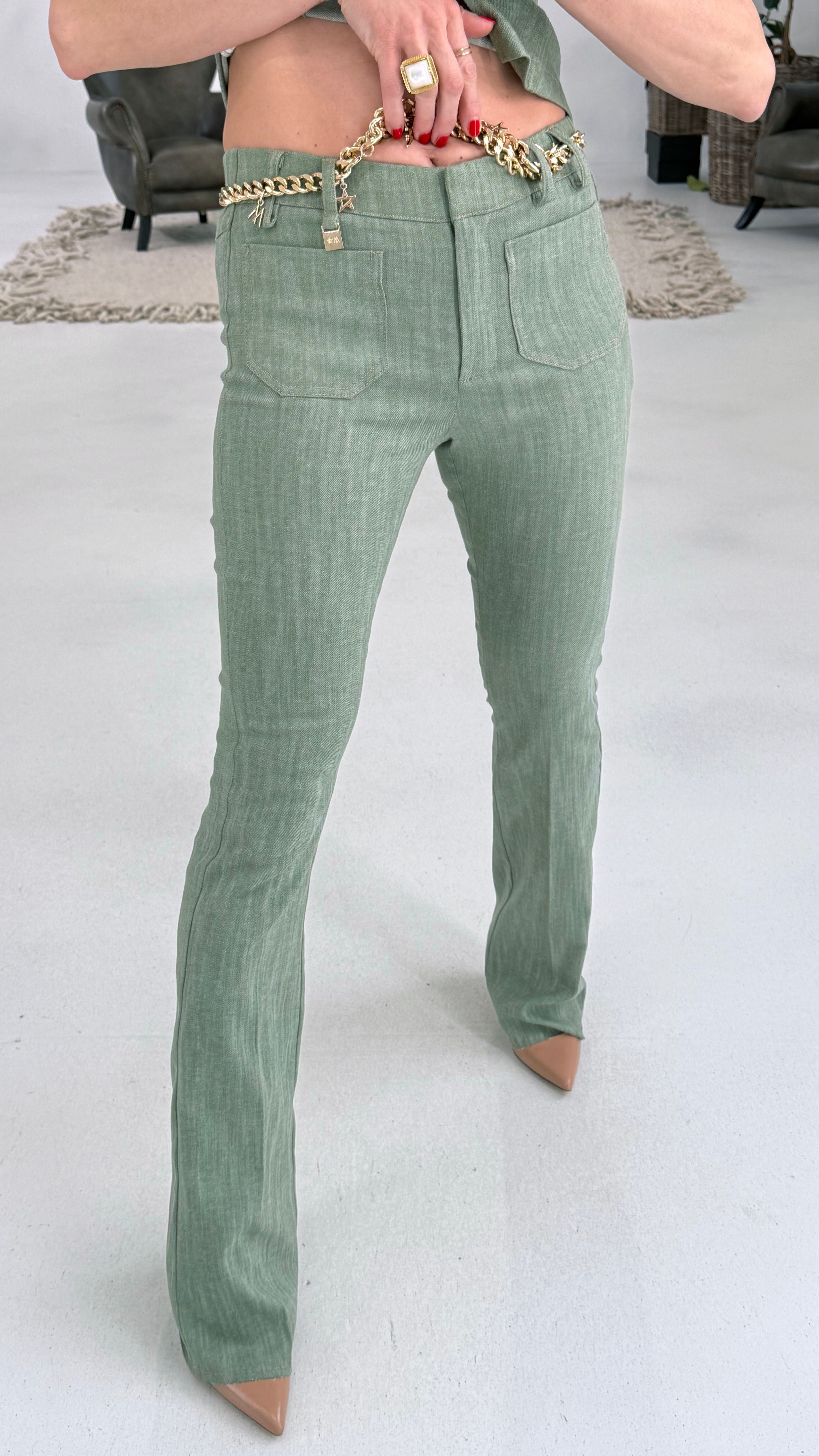 810 P25 VERDE PANTALONE ZAMPA TRAMA JEAANS ELASTICO