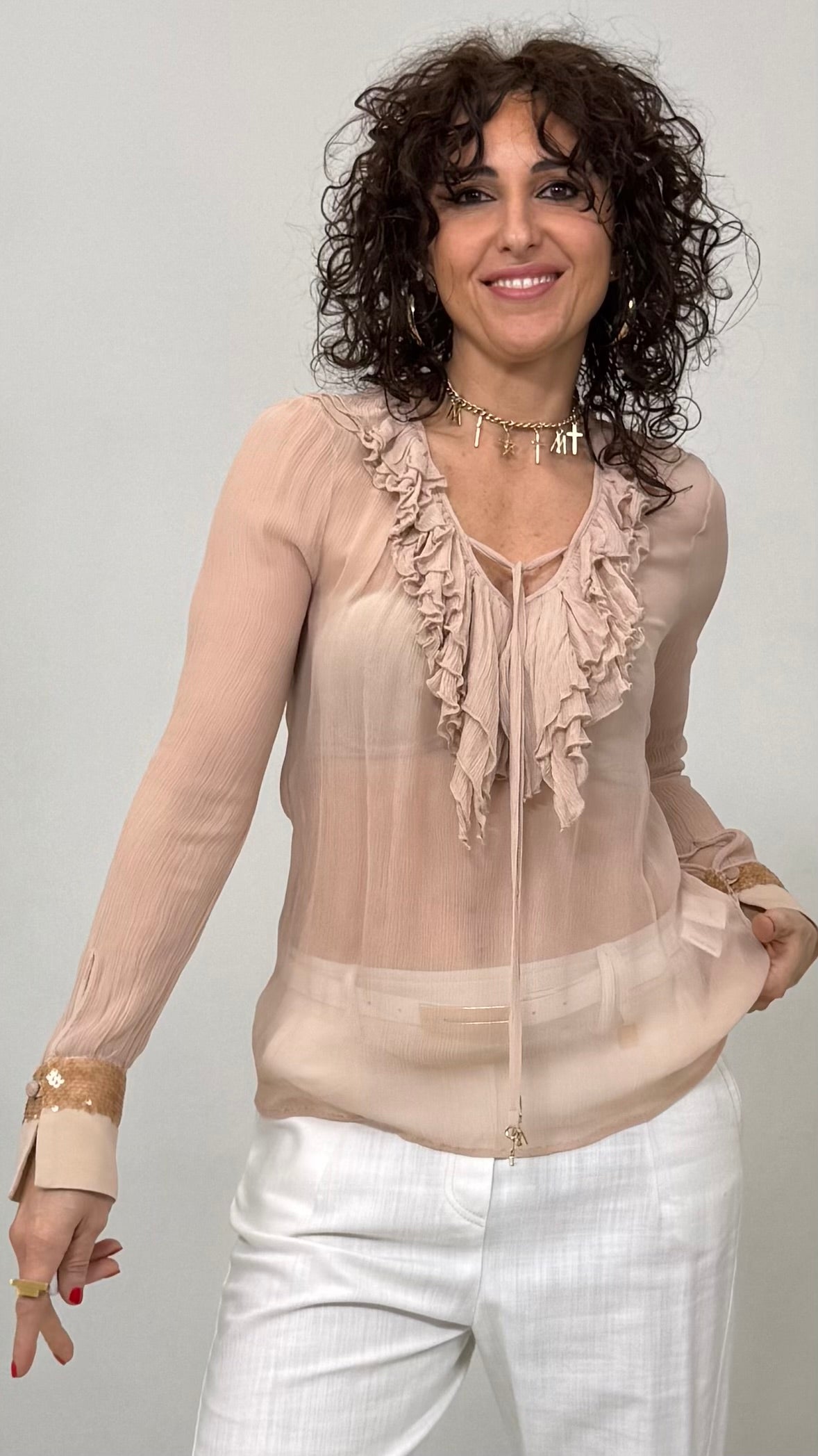 CAMICIA CON VOLANT DAVANTI IN CREPONNE VISCOSA