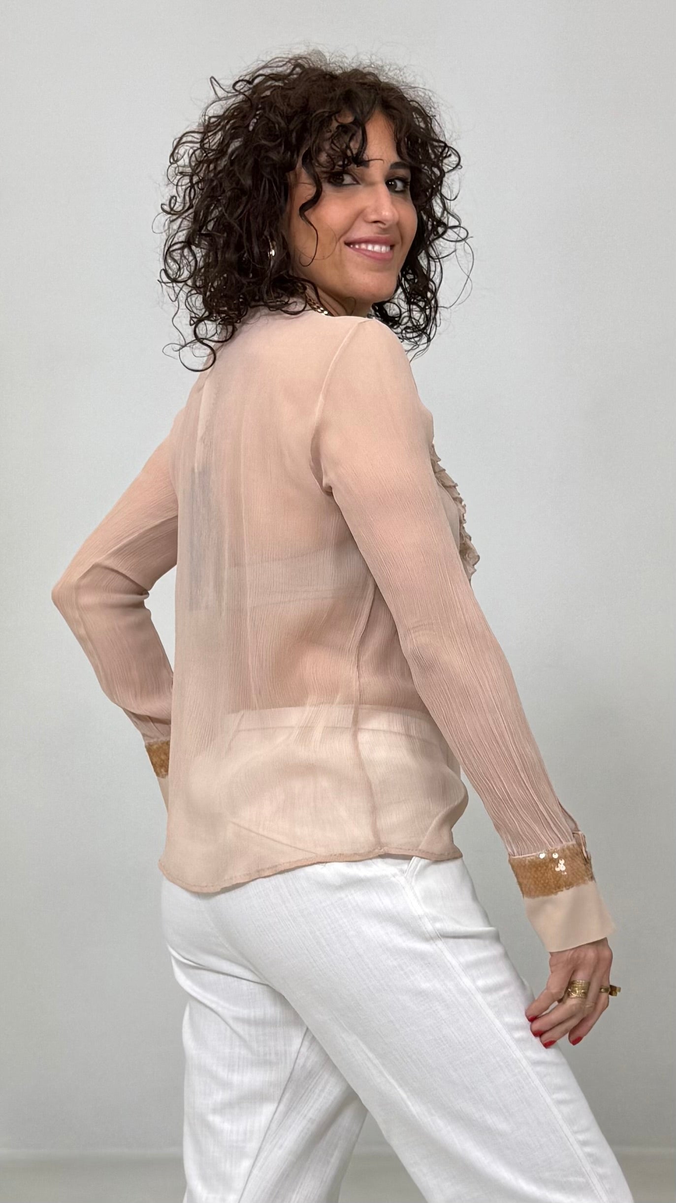 CAMICIA CON VOLANT DAVANTI IN CREPONNE VISCOSA