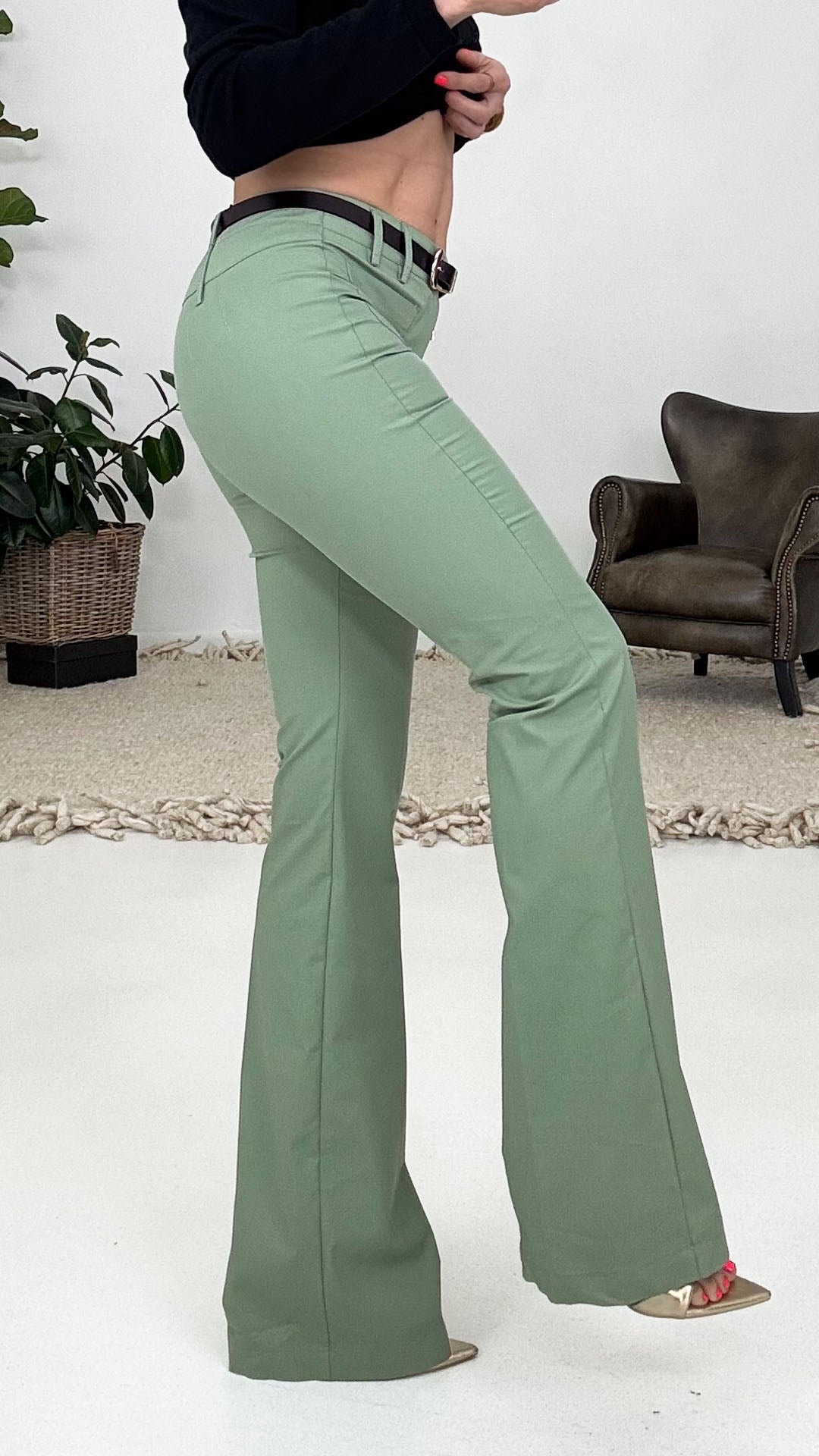 816 P25 SALVIA PANTALONE A ZAMPA IN TESSUTO TECNICO LIGHT DI COTONE