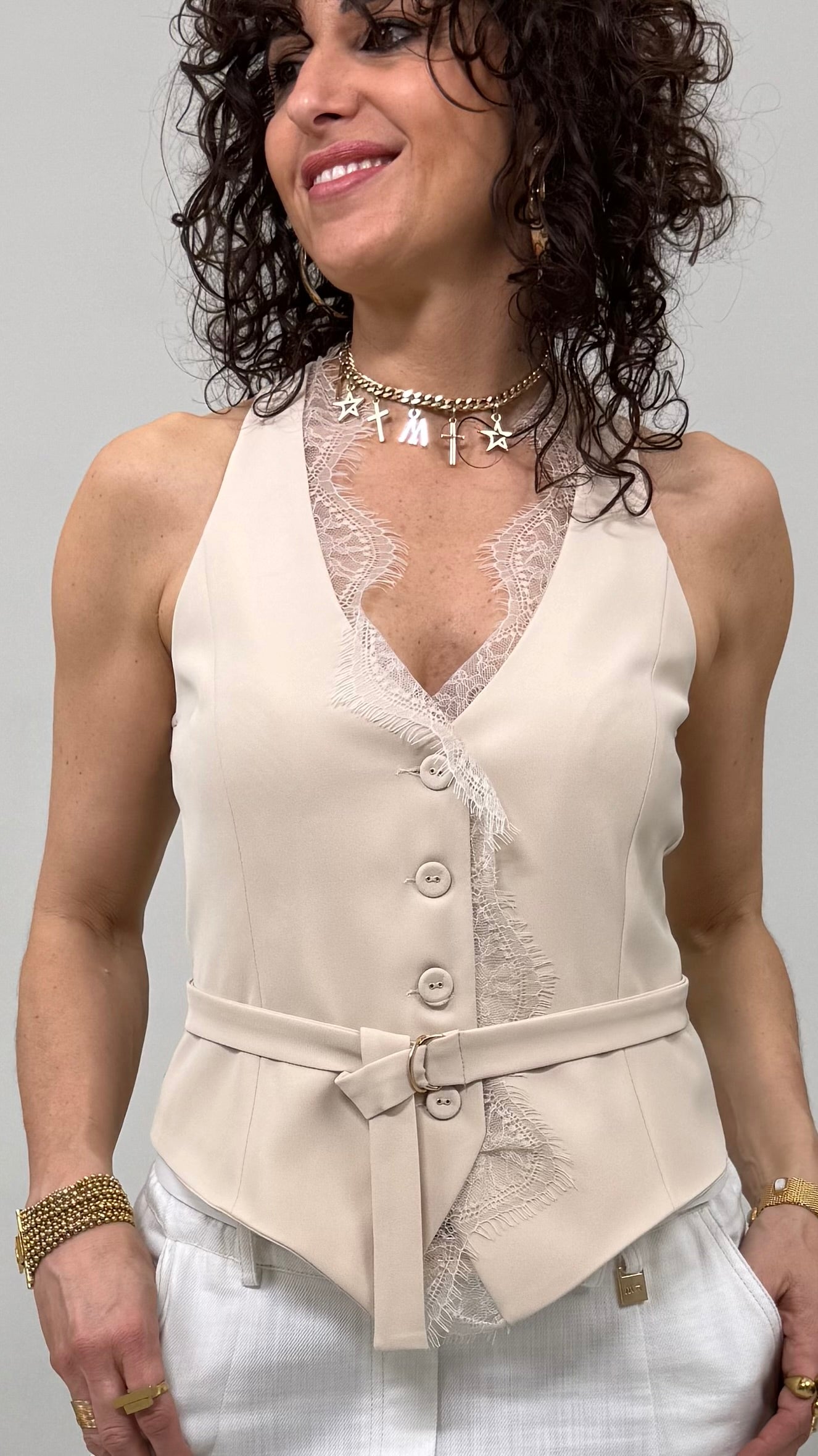 GILET IN CADY FLUIDO CON PIZZO SCOLLO