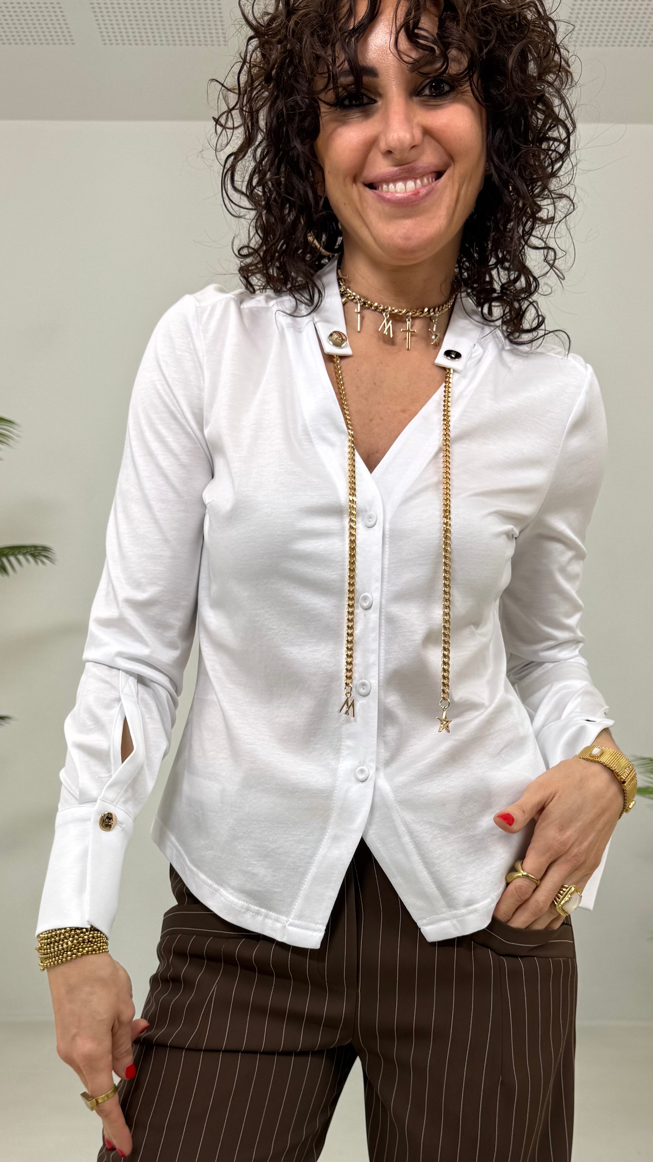 CAMICIA IN JERSEY COTONE MODALSCOLLO A V CON CATENELLA