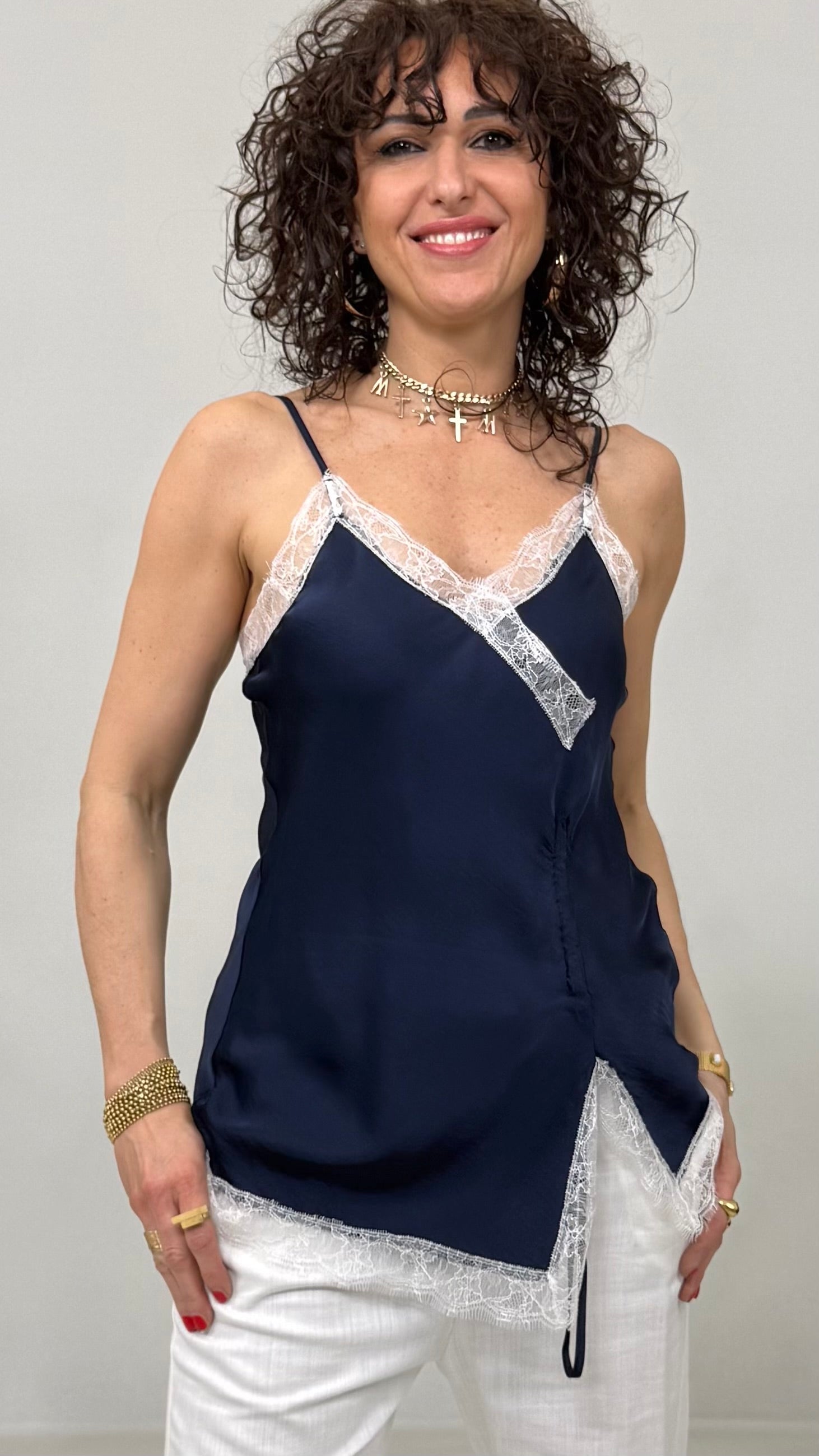 TOP LINGERIE IN RASO DI VISCOSA CON PIZZO