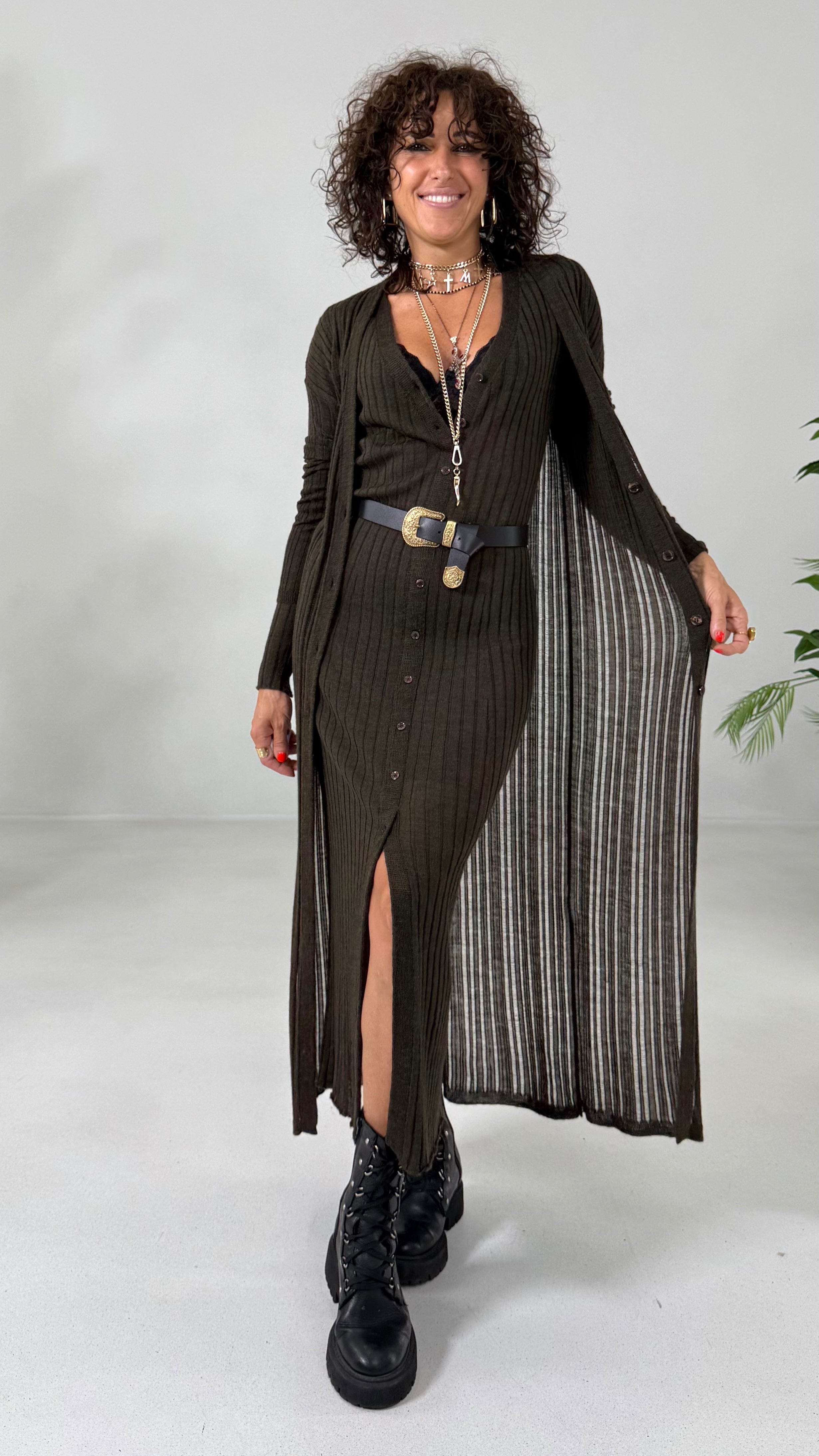 CARDIGAN LUNGO IN LANA VISCOSA PUNTO TRAFORATO