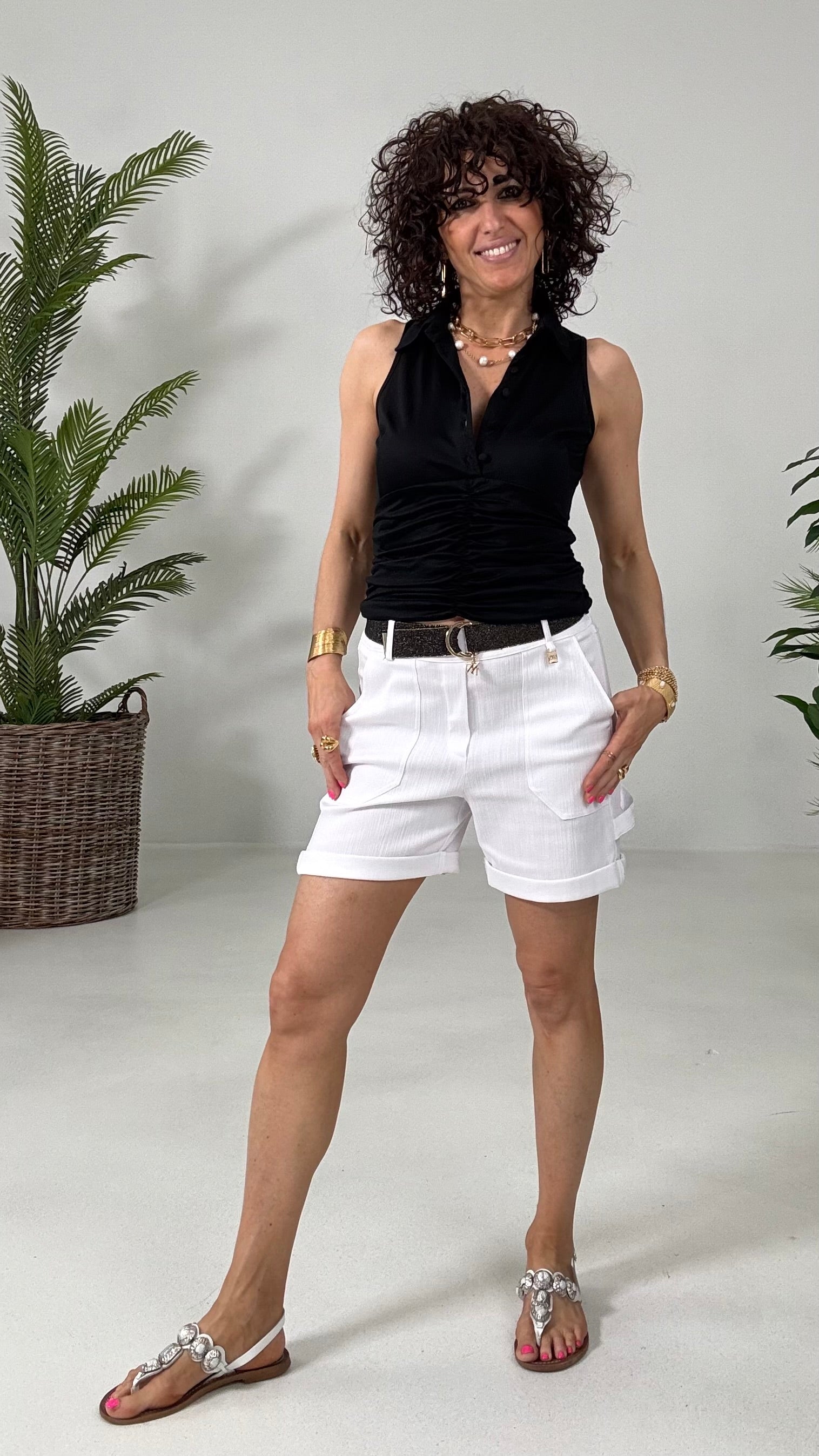 827 P25 BIANCO OTTICO BERMUDA IN COTONE TRAMA JEANS CON TASCHE APPLICATE