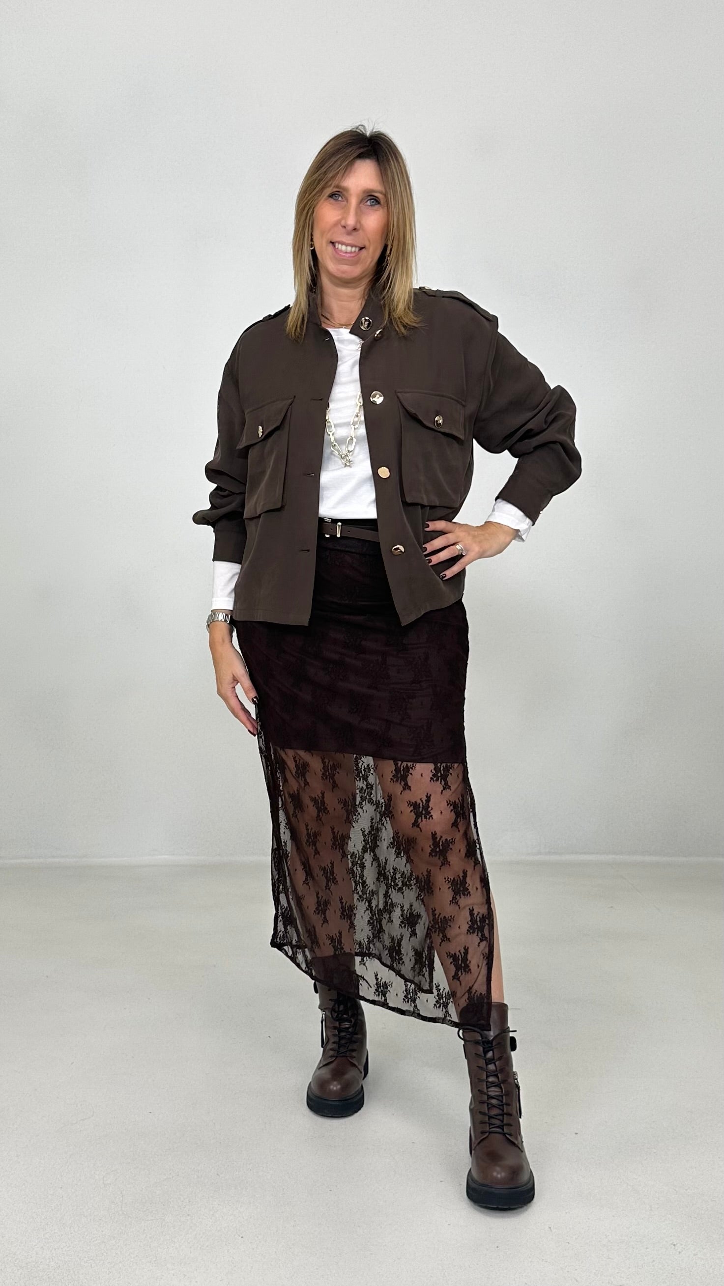 CAMICIA GIACCA CON TASCONI IN TECNICO VISCOSA EFFETTO CUPRO