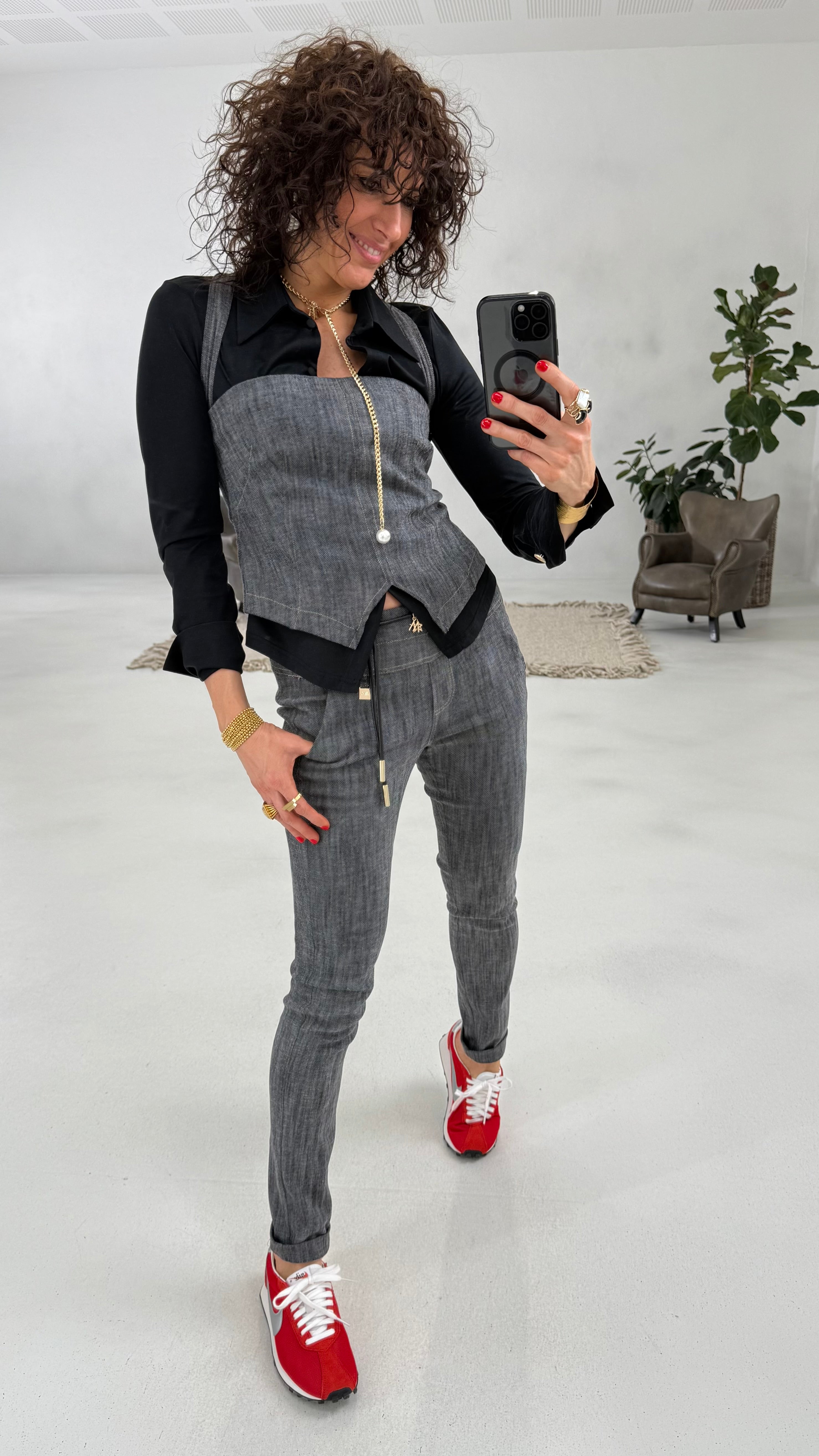 705 P25 NERO TOP BUSTINO TRAMA JEANS CON BRETELLE STACCABILI