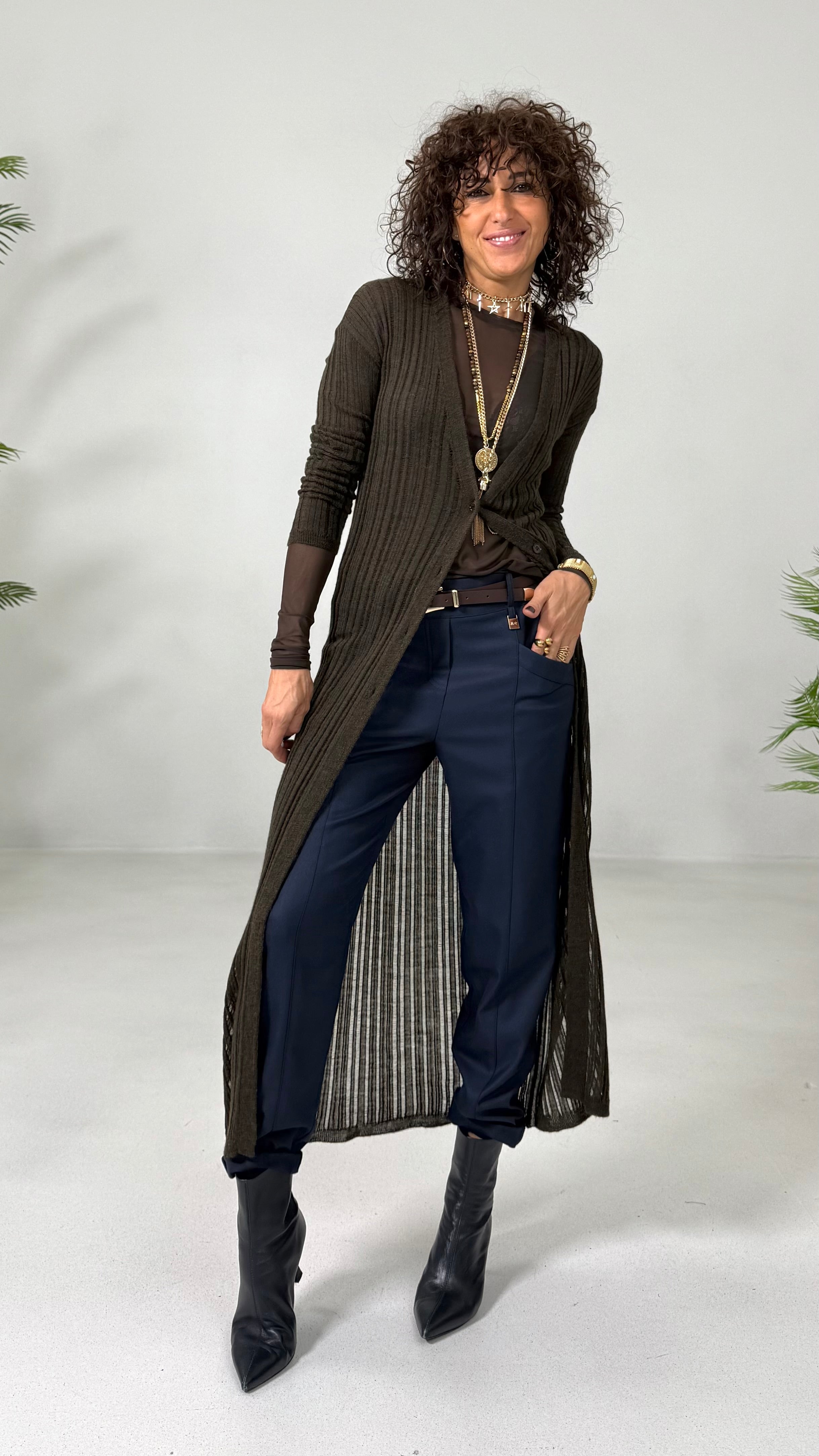 CARDIGAN LUNGO IN LANA VISCOSA PUNTO TRAFORATO