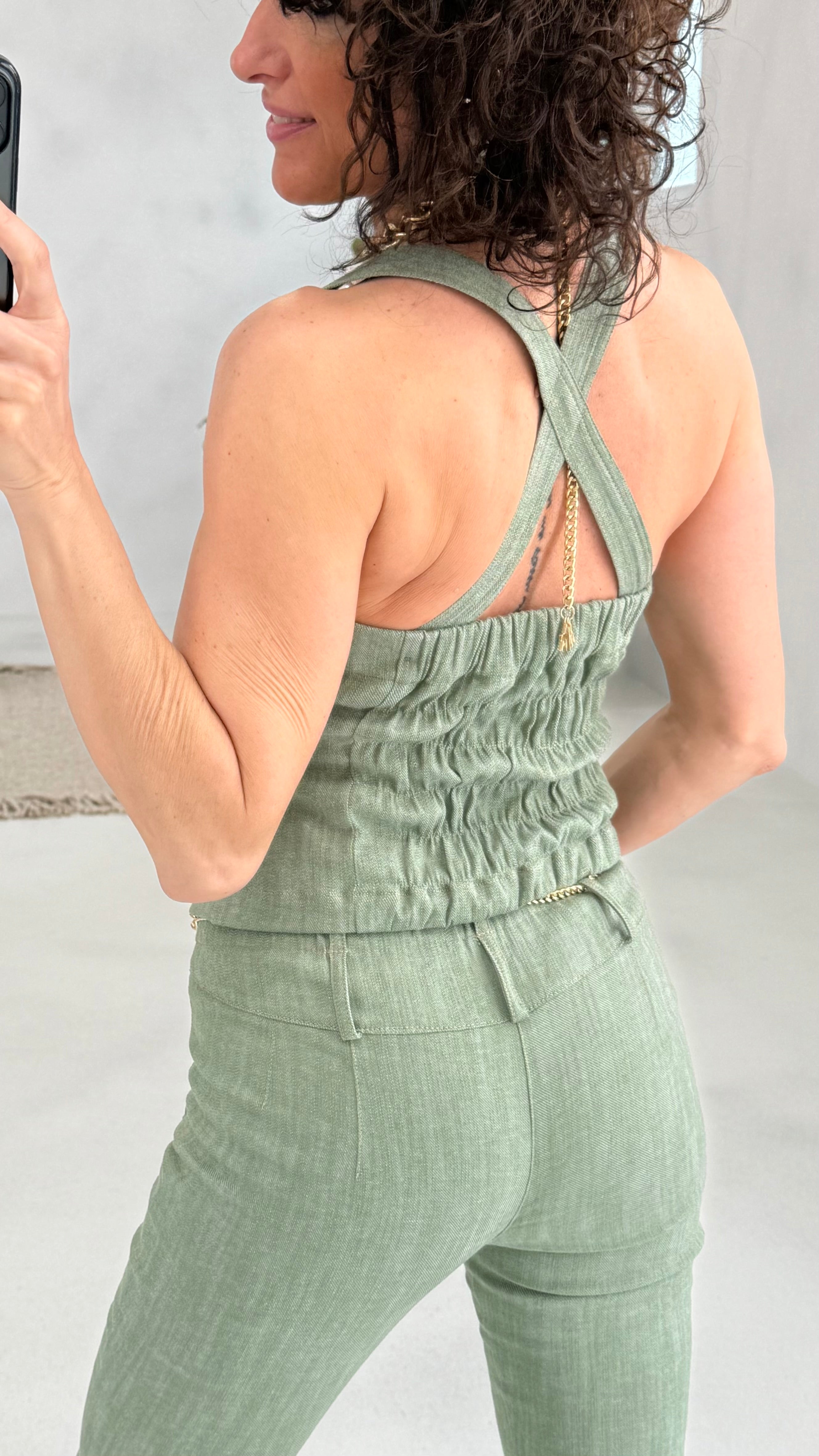 705 P25 VERDE TOP BUSTINO TRAMA JEANS CON BRETELLE STACCABILI
