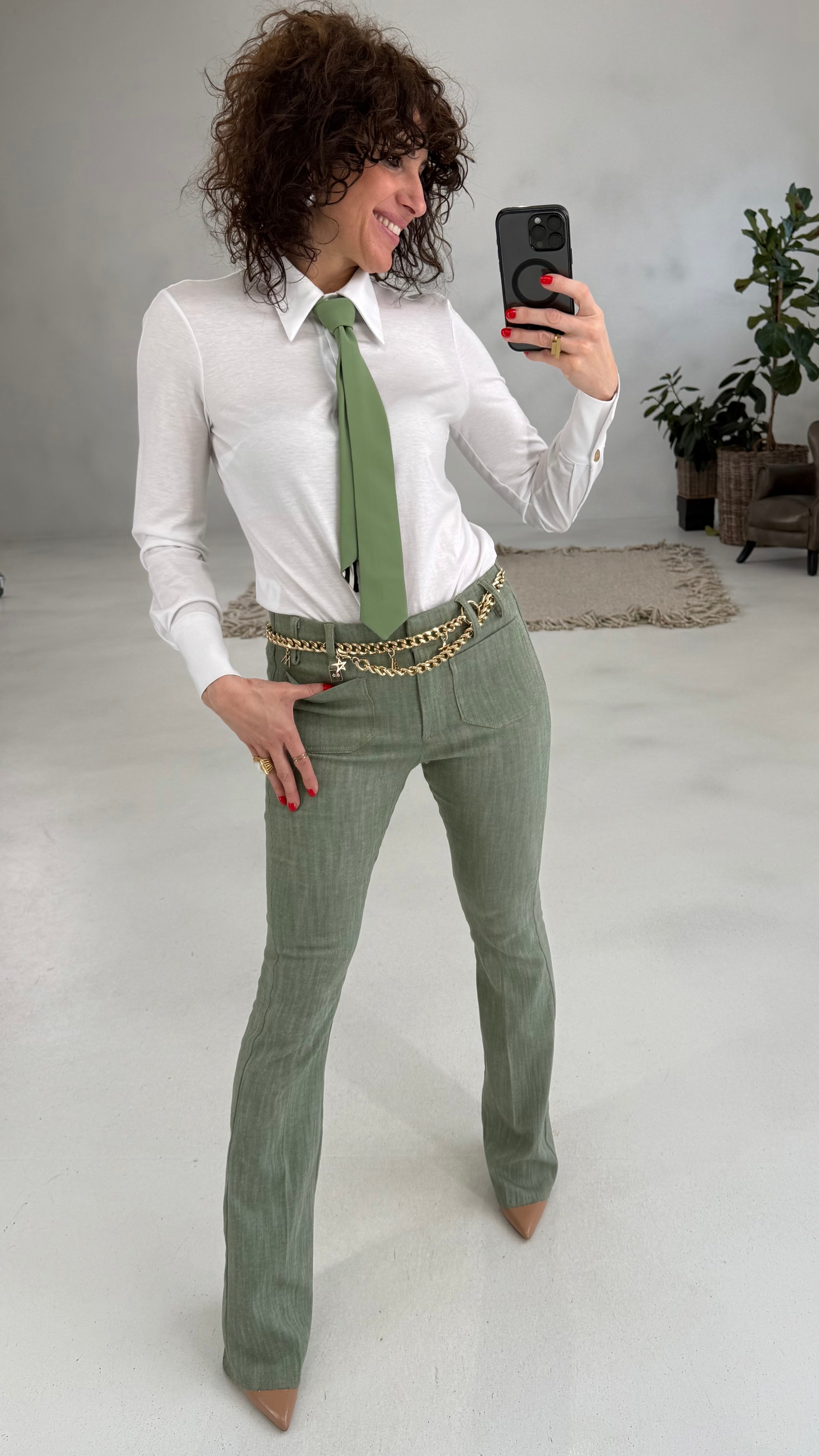 810 P25 VERDE PANTALONE ZAMPA TRAMA JEAANS ELASTICO