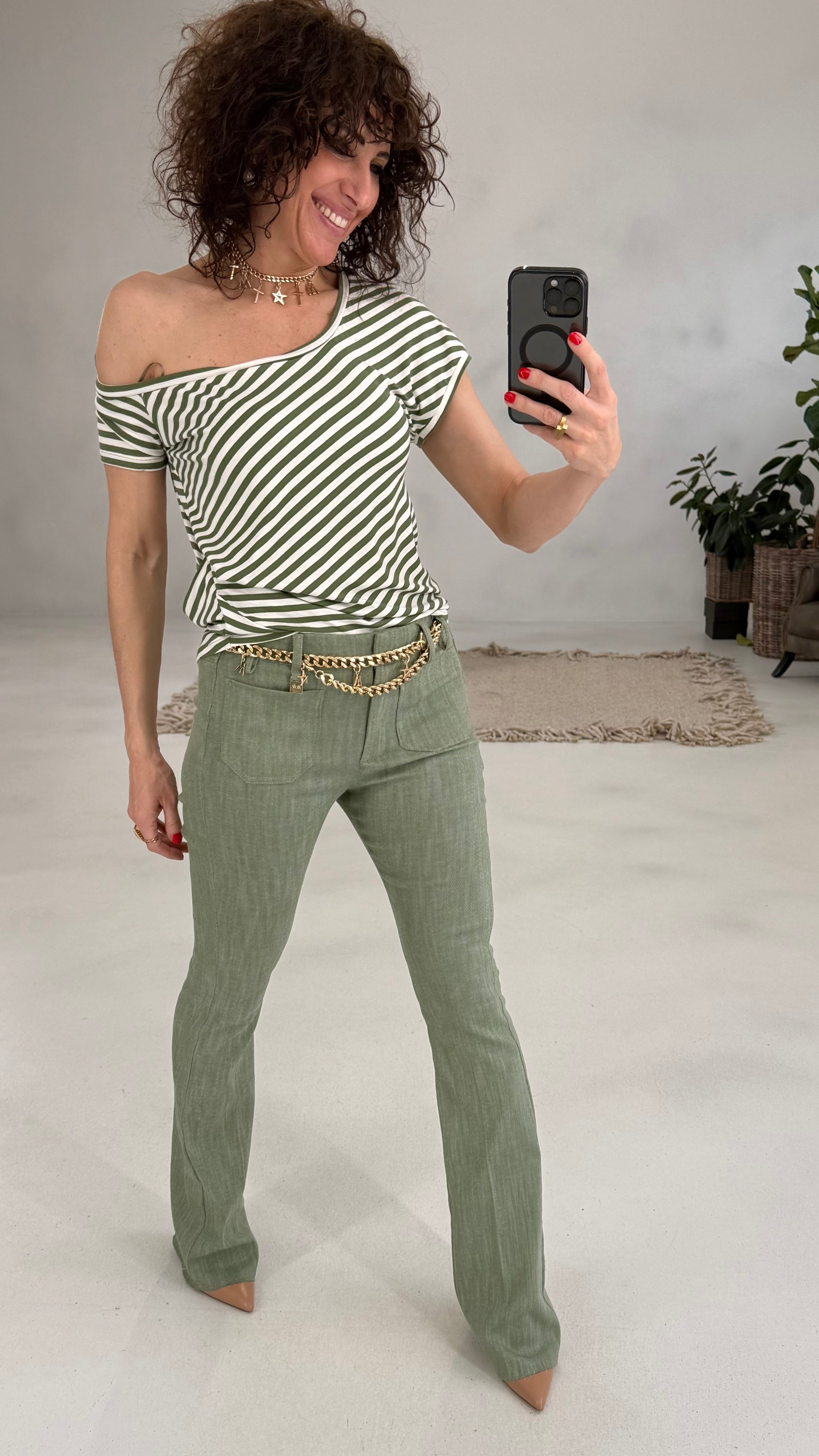 810 P25 VERDE PANTALONE ZAMPA TRAMA JEAANS ELASTICO