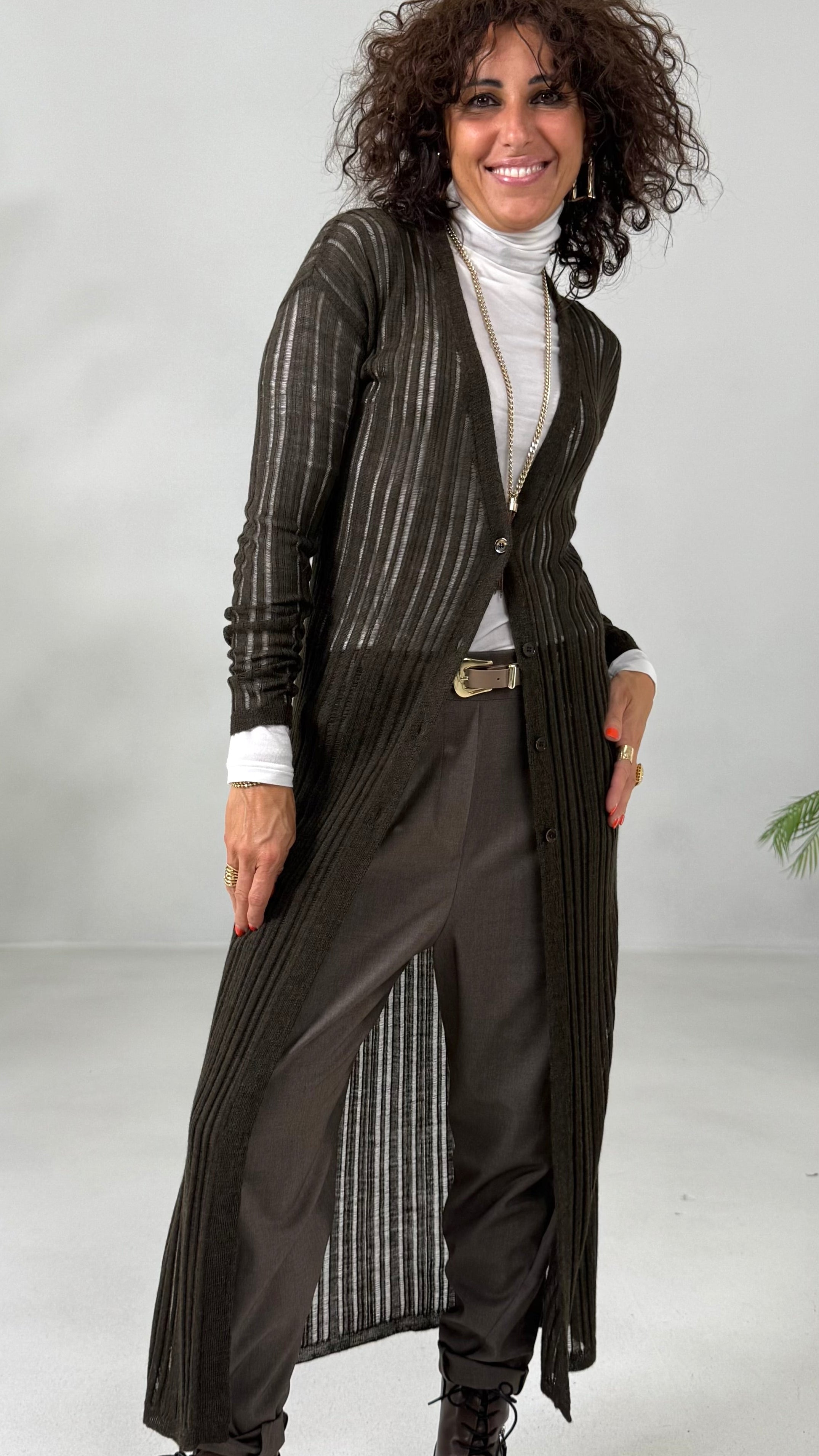 CARDIGAN LUNGO IN LANA VISCOSA PUNTO TRAFORATO