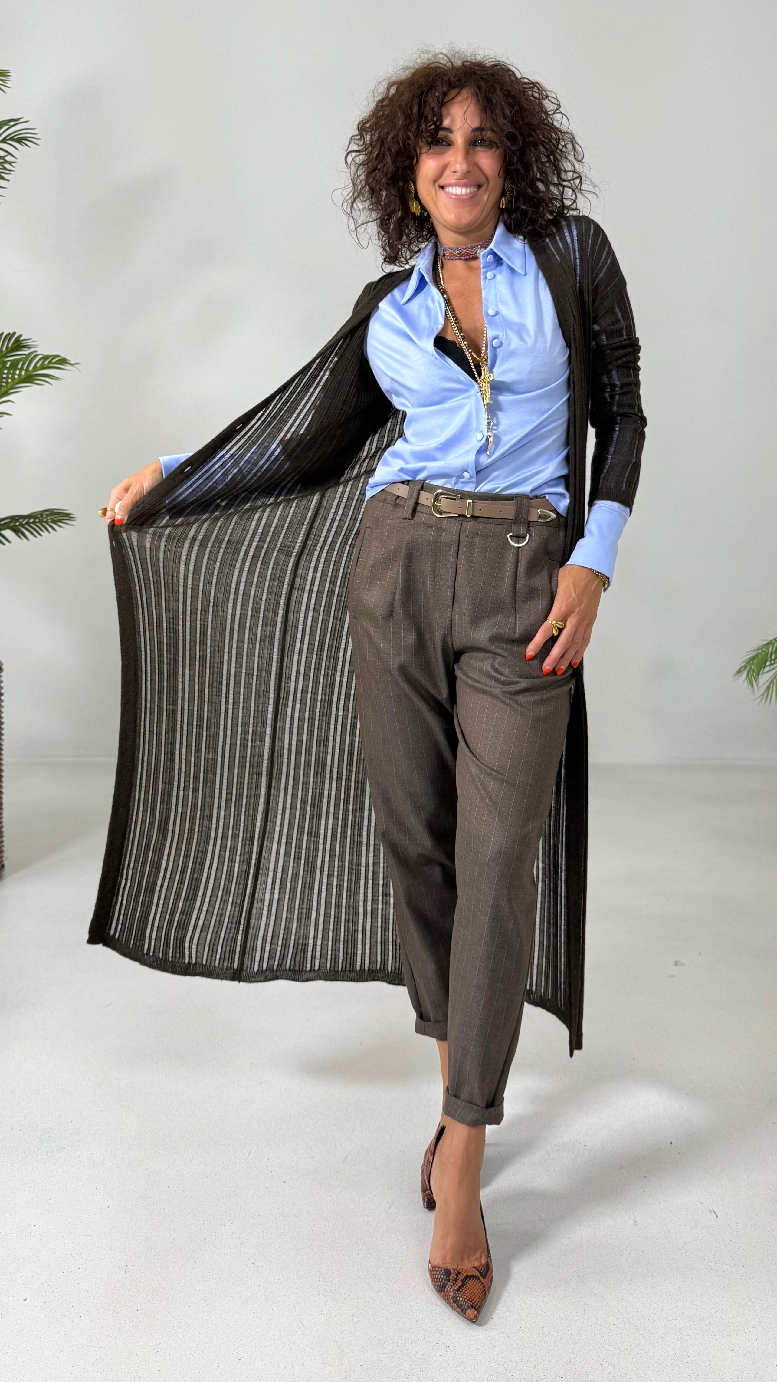 CARDIGAN LUNGO IN LANA VISCOSA PUNTO TRAFORATO