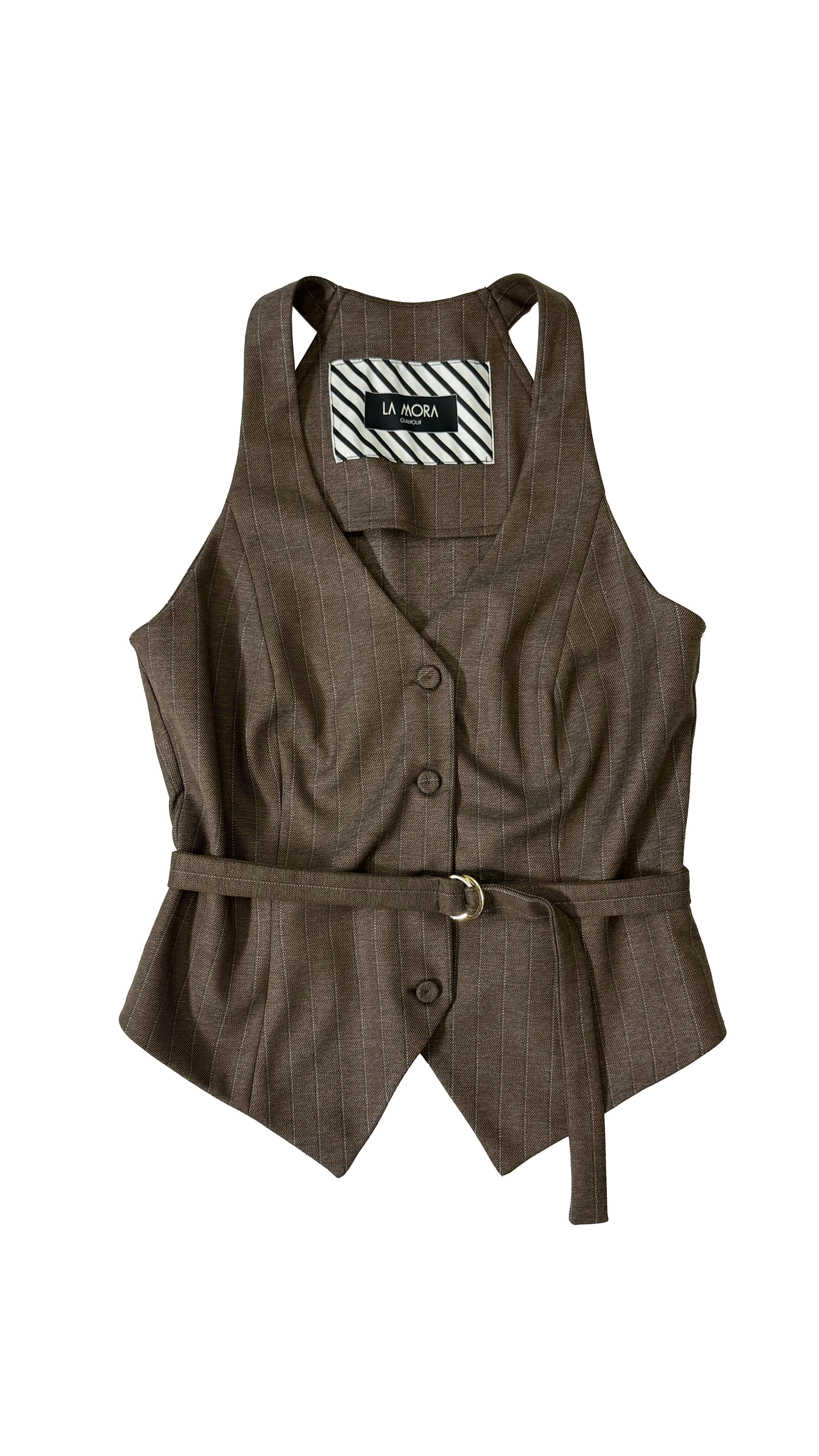 GILET IN FLANELLA GESSATA CON CINTURINO