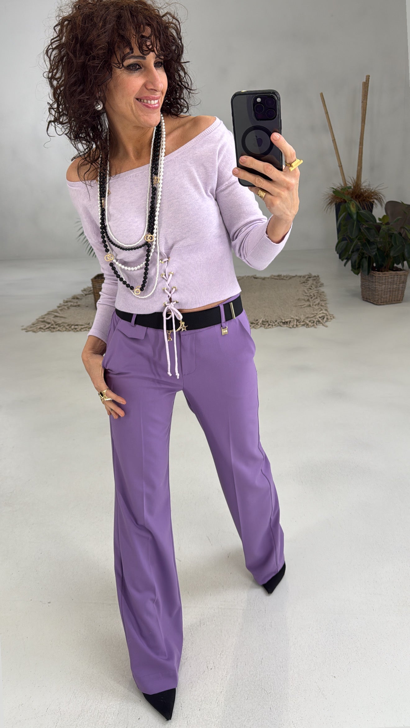 GLICINE MAGLIA IN CALDA VISCOSA CON ANELLI A VELA DAVANTI E MANICHE PIPISTRELLO