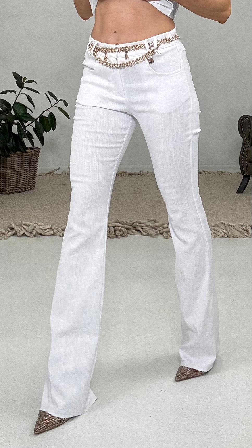 824 P25 BIANCO OTTICO PANTALONE A ZAMPA 5 TASCHE TRAMA JEANS