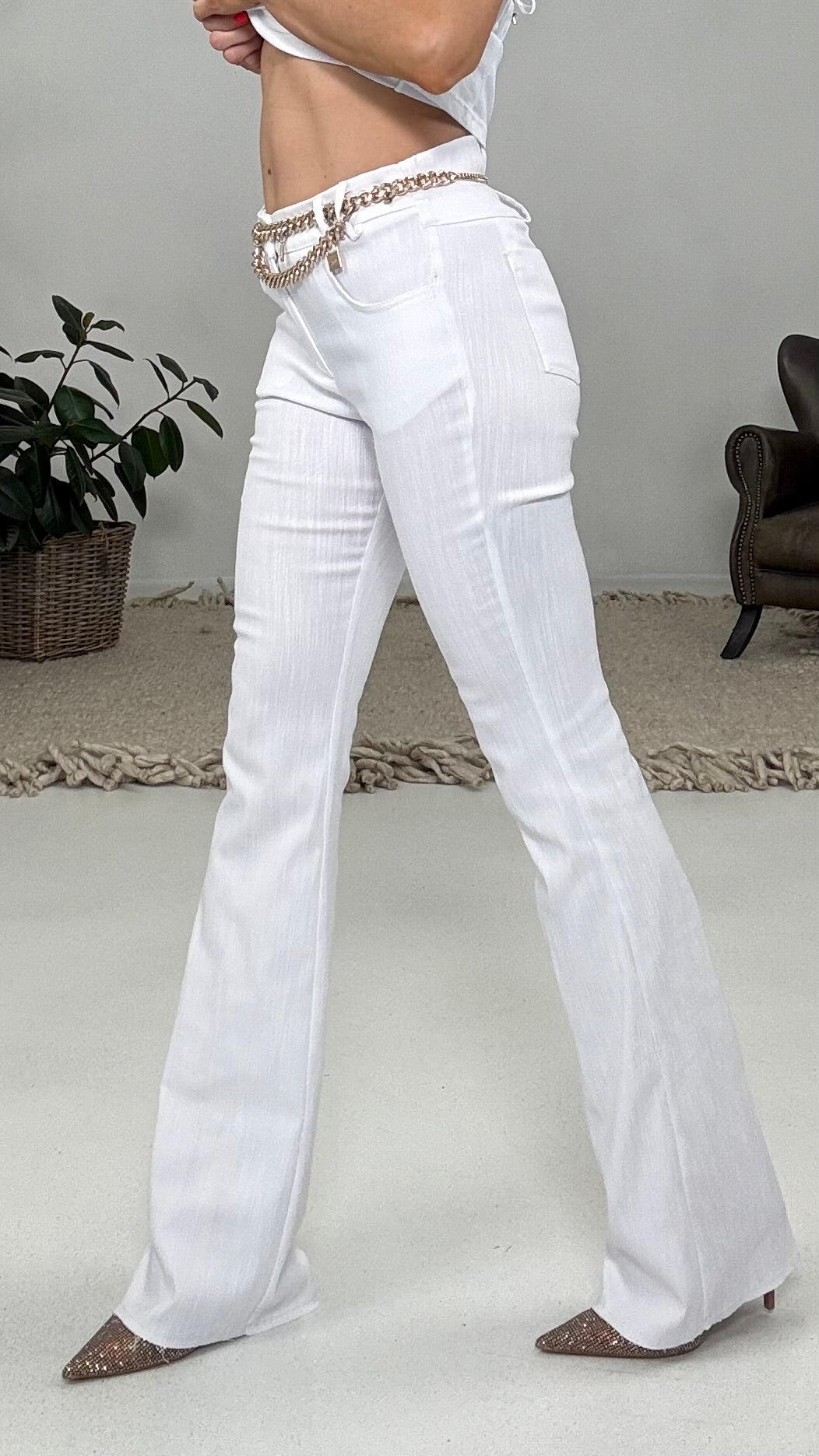 824 P25 BIANCO OTTICO PANTALONE A ZAMPA 5 TASCHE TRAMA JEANS