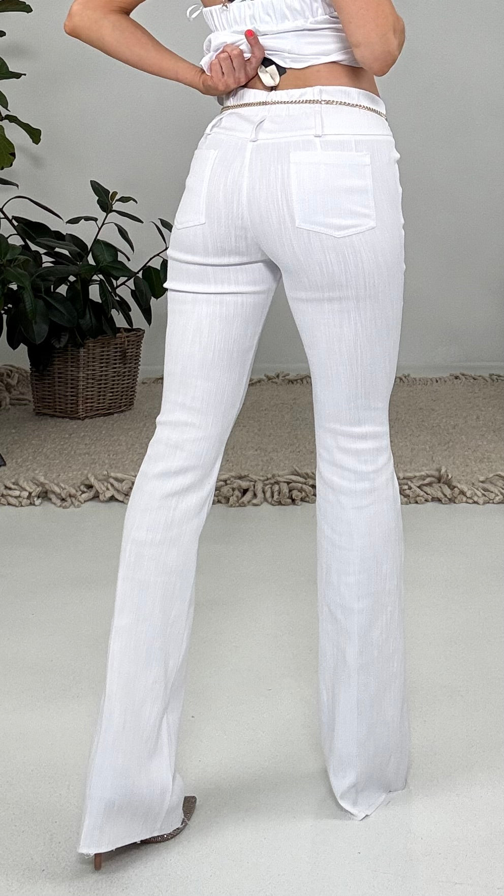 824 P25 BIANCO OTTICO PANTALONE A ZAMPA 5 TASCHE TRAMA JEANS