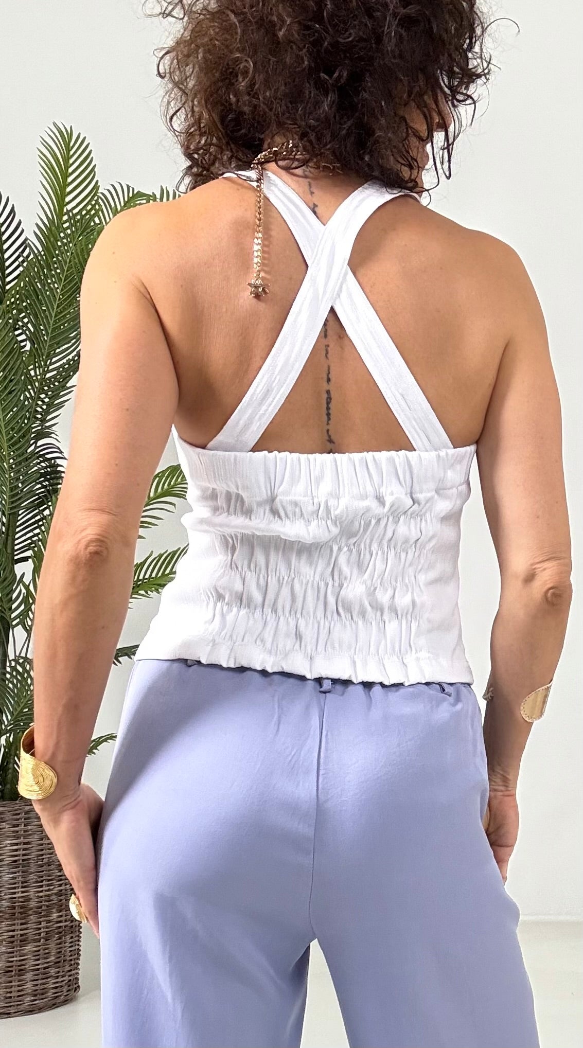 705 P25 BIANCO OTTICO TOP BUSTINO TRAMA JEANS CON BRETELLE STACCABILI