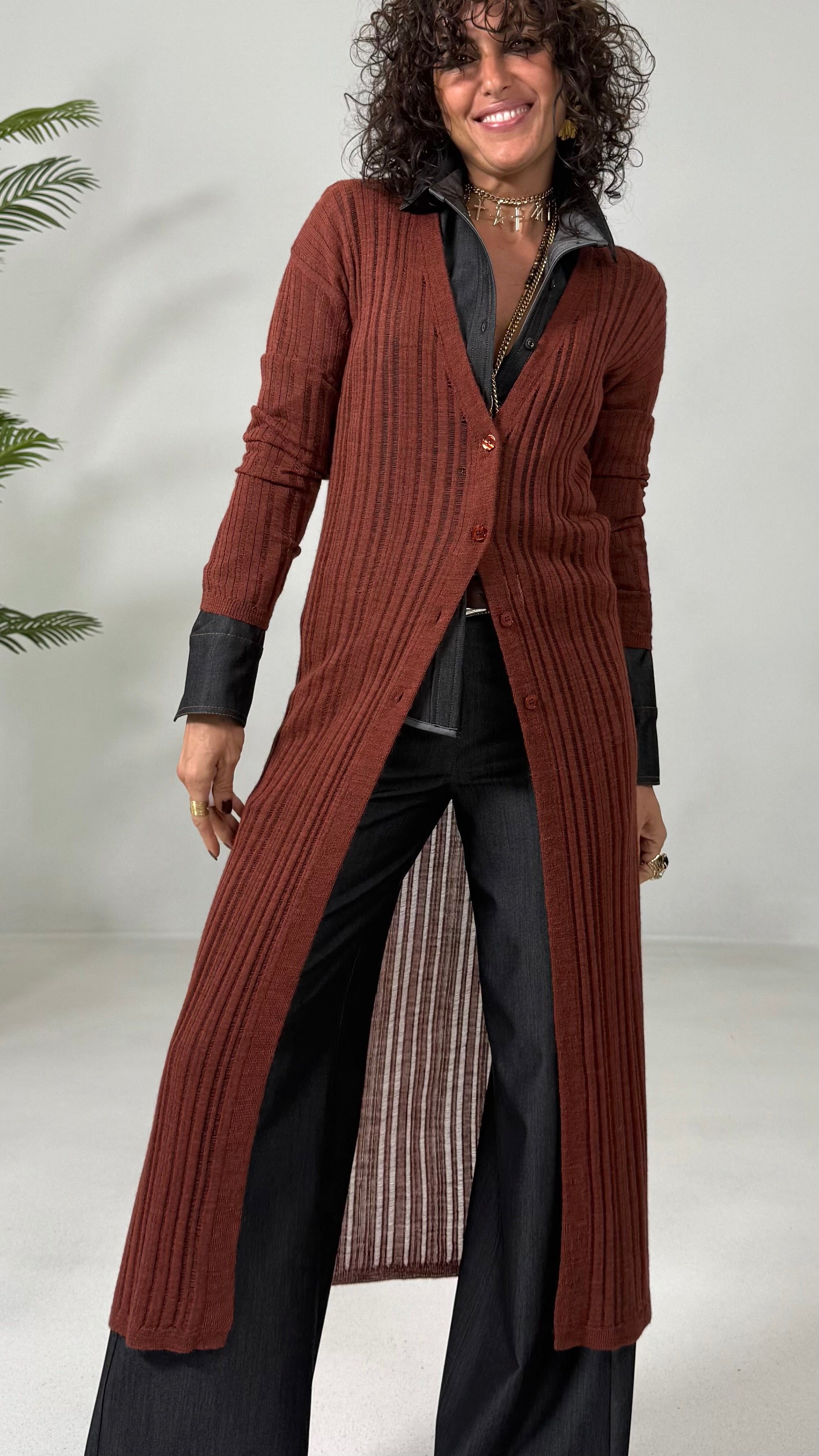CARDIGAN LUNGO IN LANA VISCOSA PUNTO TRAFORATO