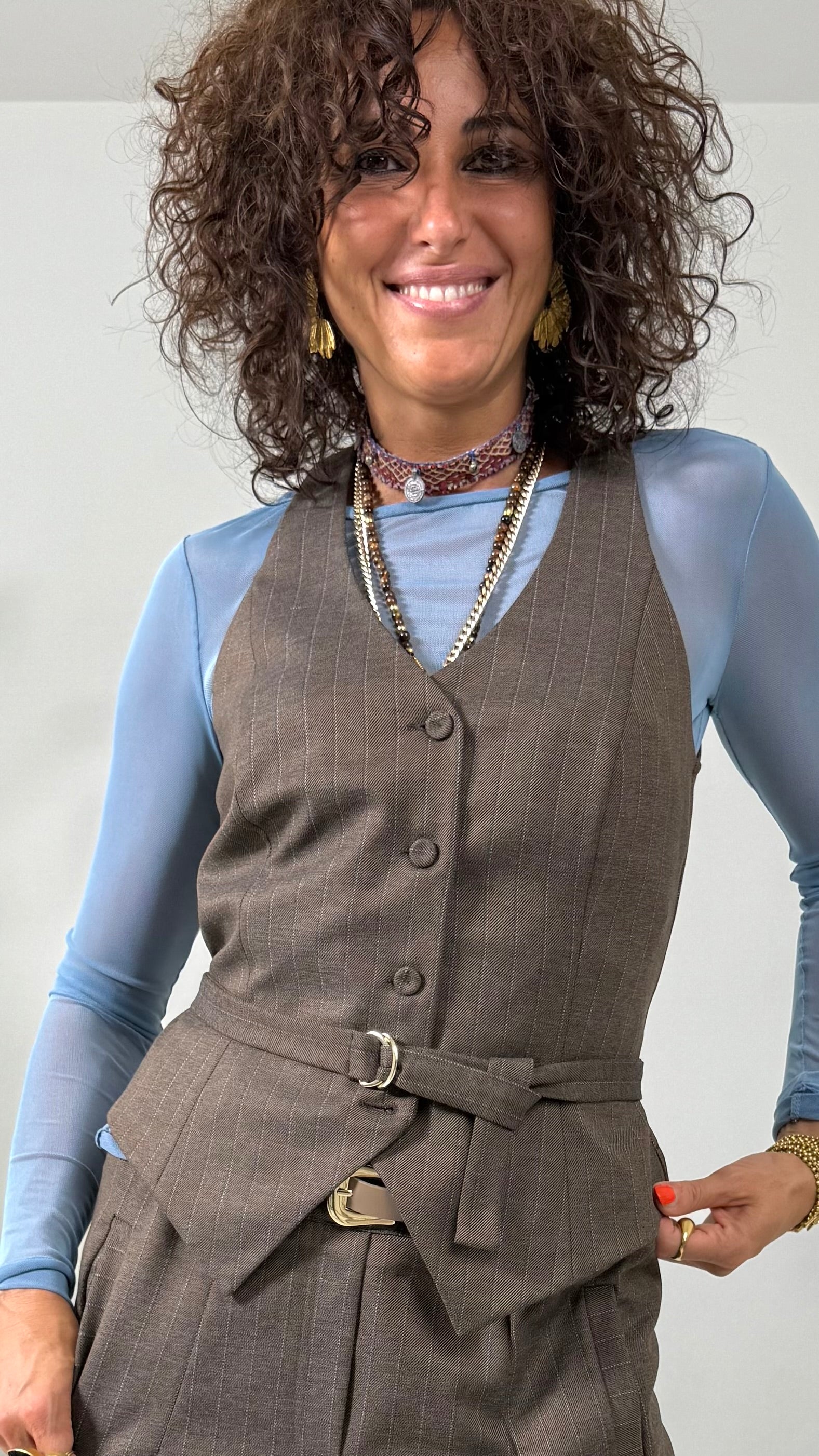 GILET IN FLANELLA GESSATA CON CINTURINO