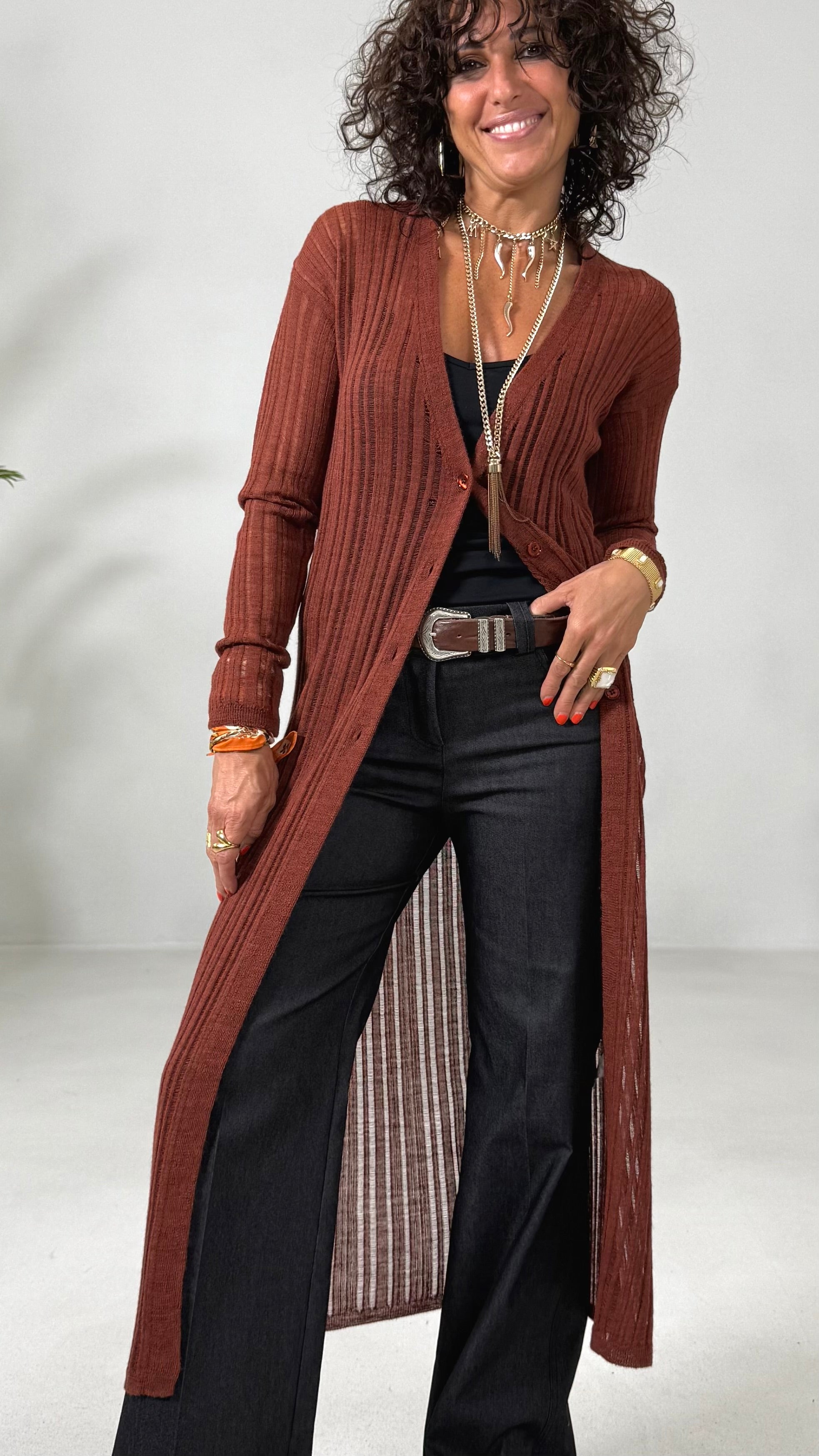 CARDIGAN LUNGO IN LANA VISCOSA PUNTO TRAFORATO
