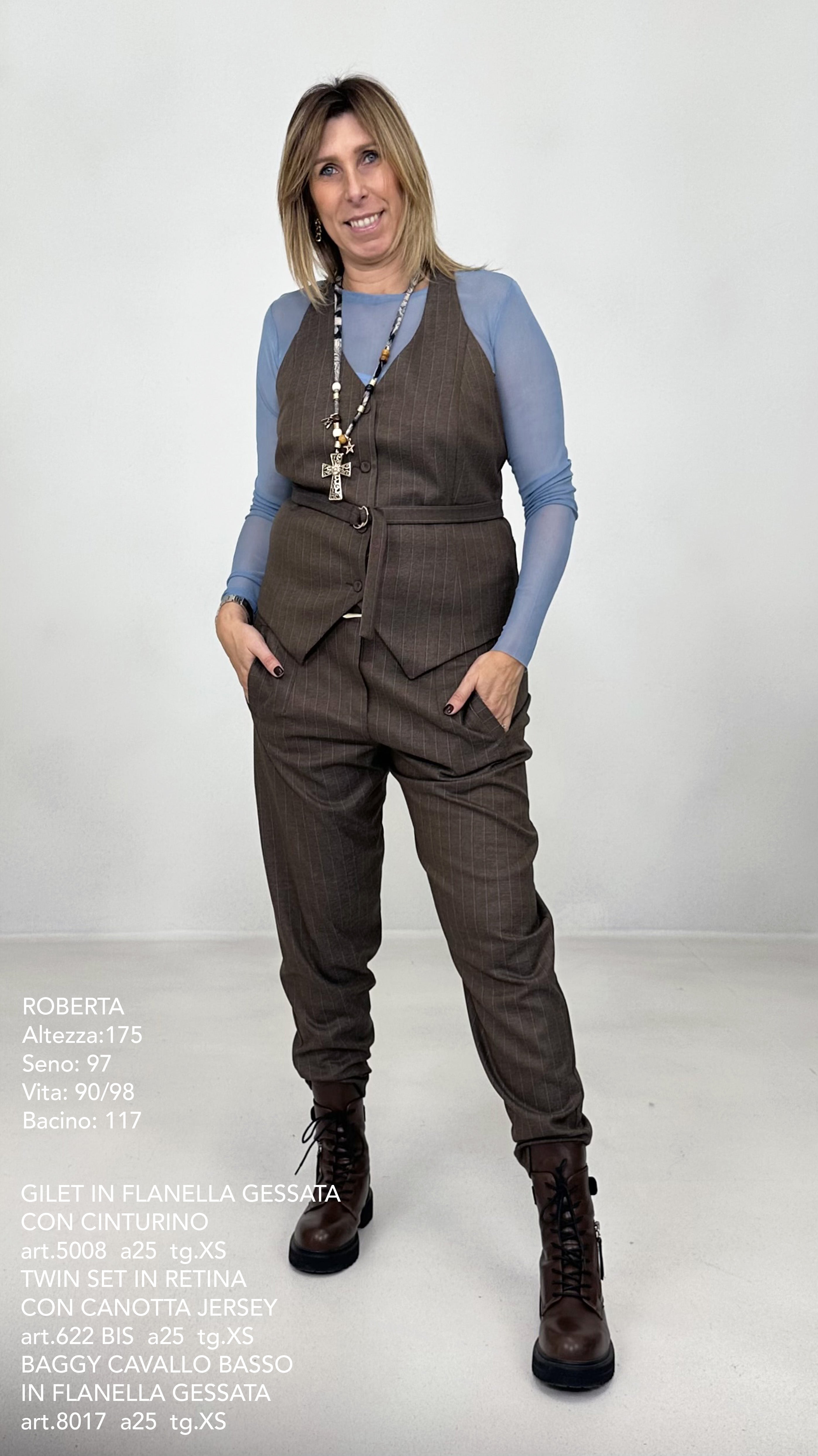 GILET IN FLANELLA GESSATA CON CINTURINO