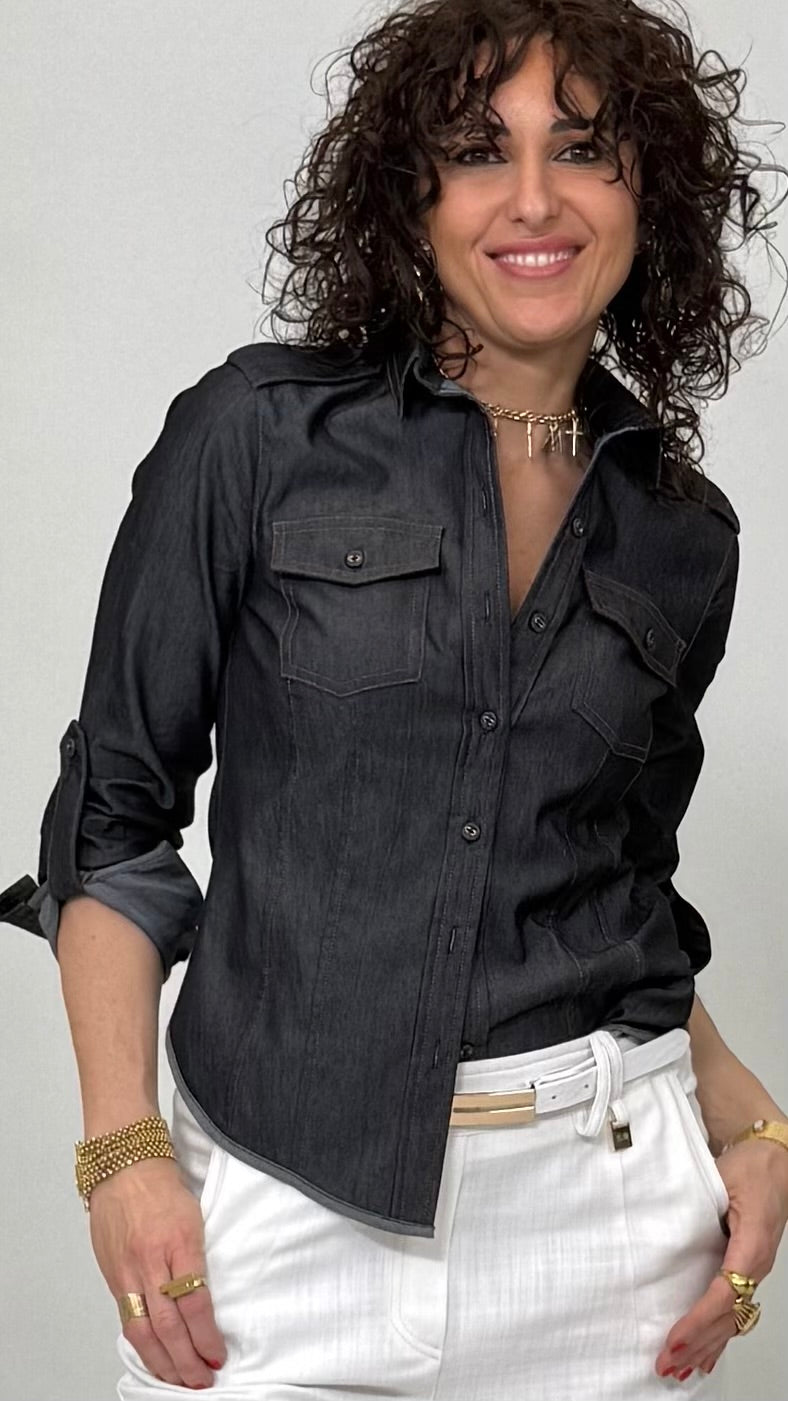 CAMICIA CON TASCHE IN JEANS ELASTICO