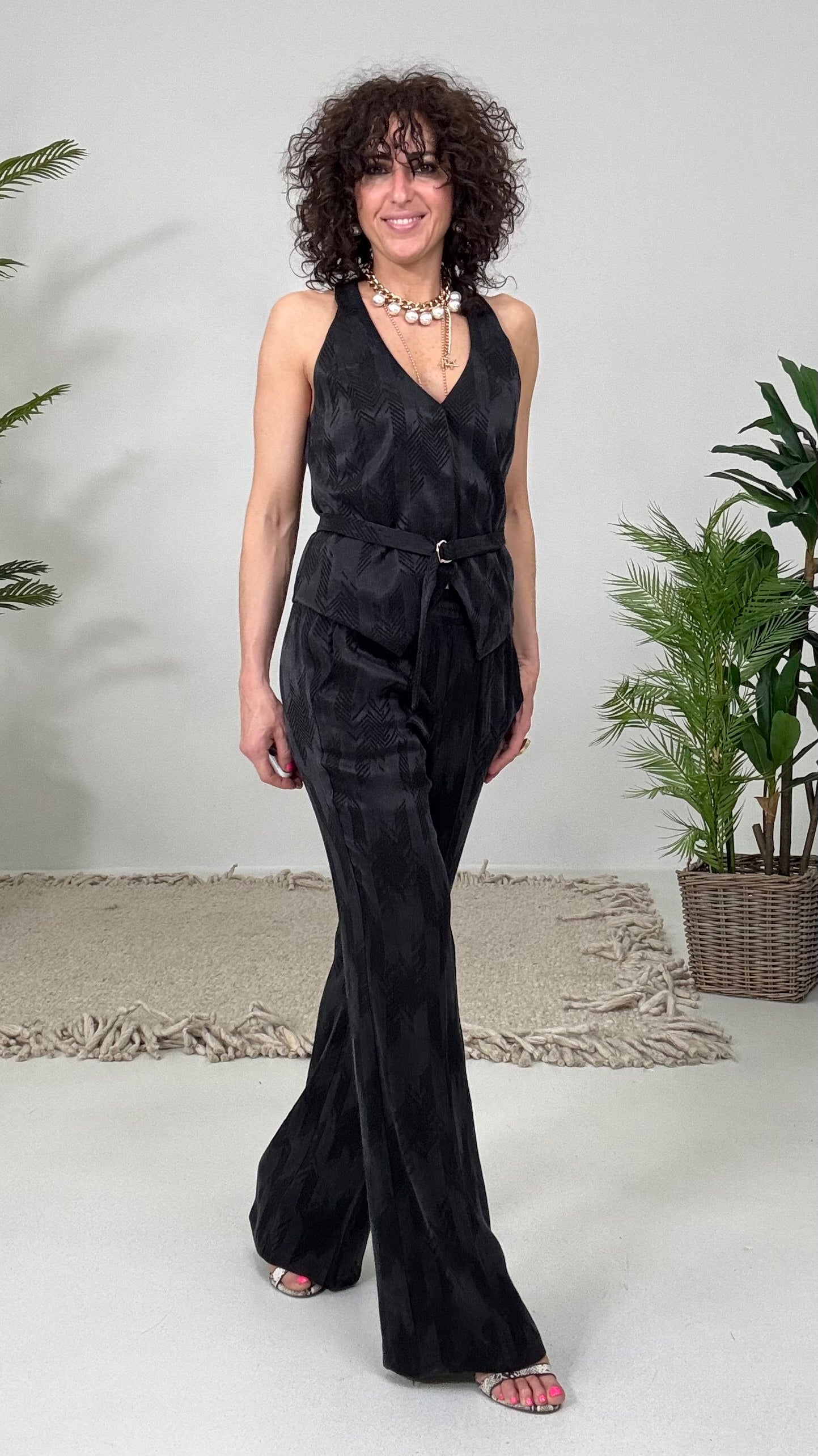 514 P25 NERO GILET CON CINTURA IN VISCOSA JAQUARD GEOMETRICO