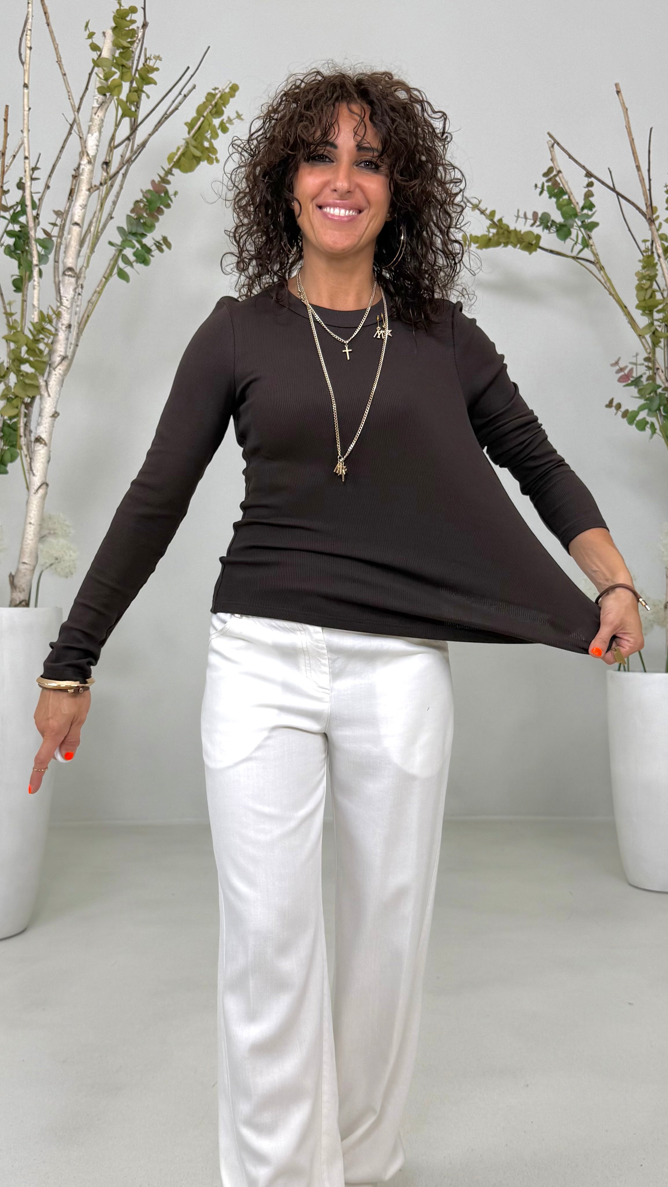 T-SHIRT GIROCOLLO IN COSTINA DI COTONE MANICA LUNGA