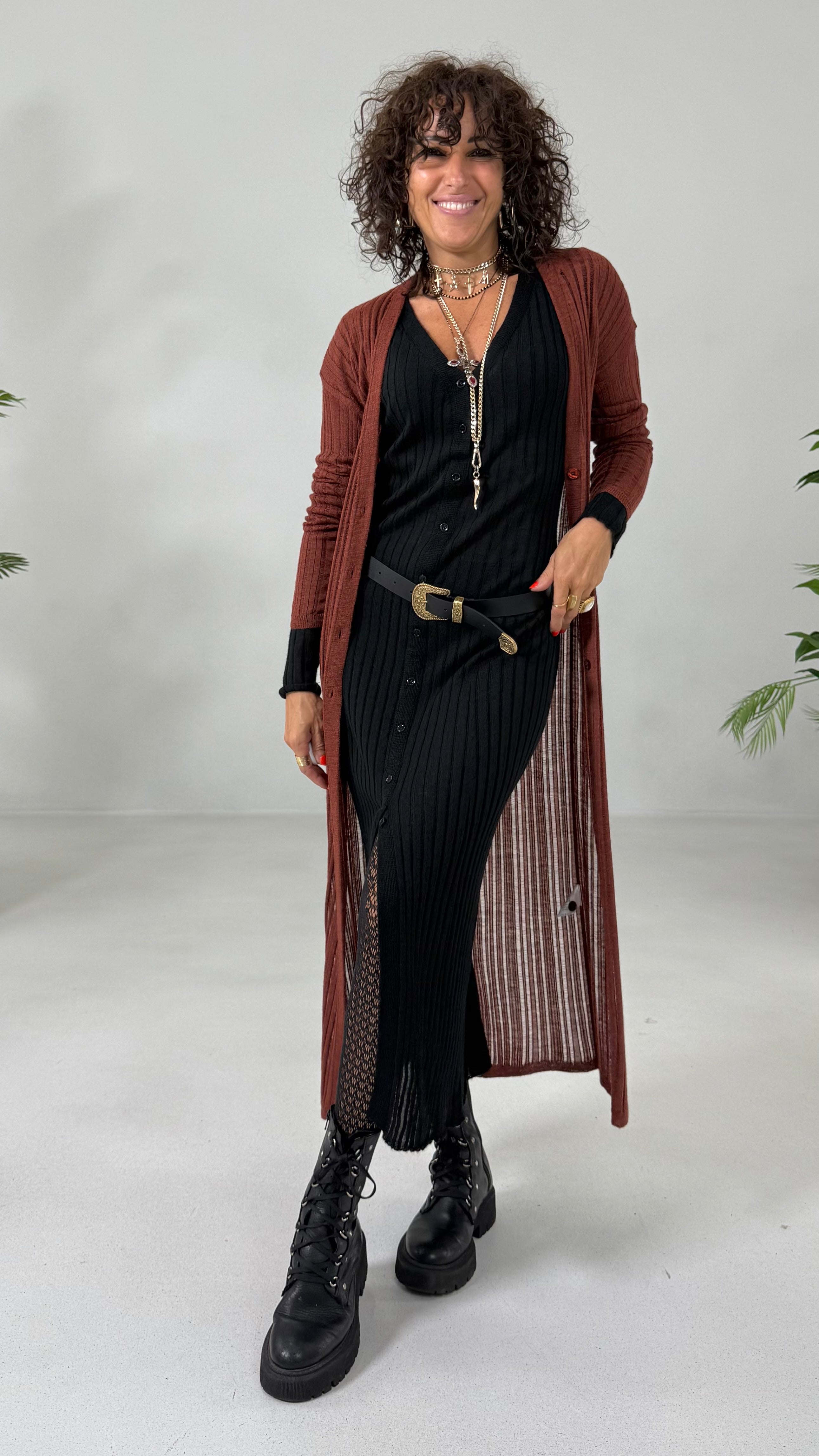 CARDIGAN LUNGO IN LANA VISCOSA PUNTO TRAFORATO