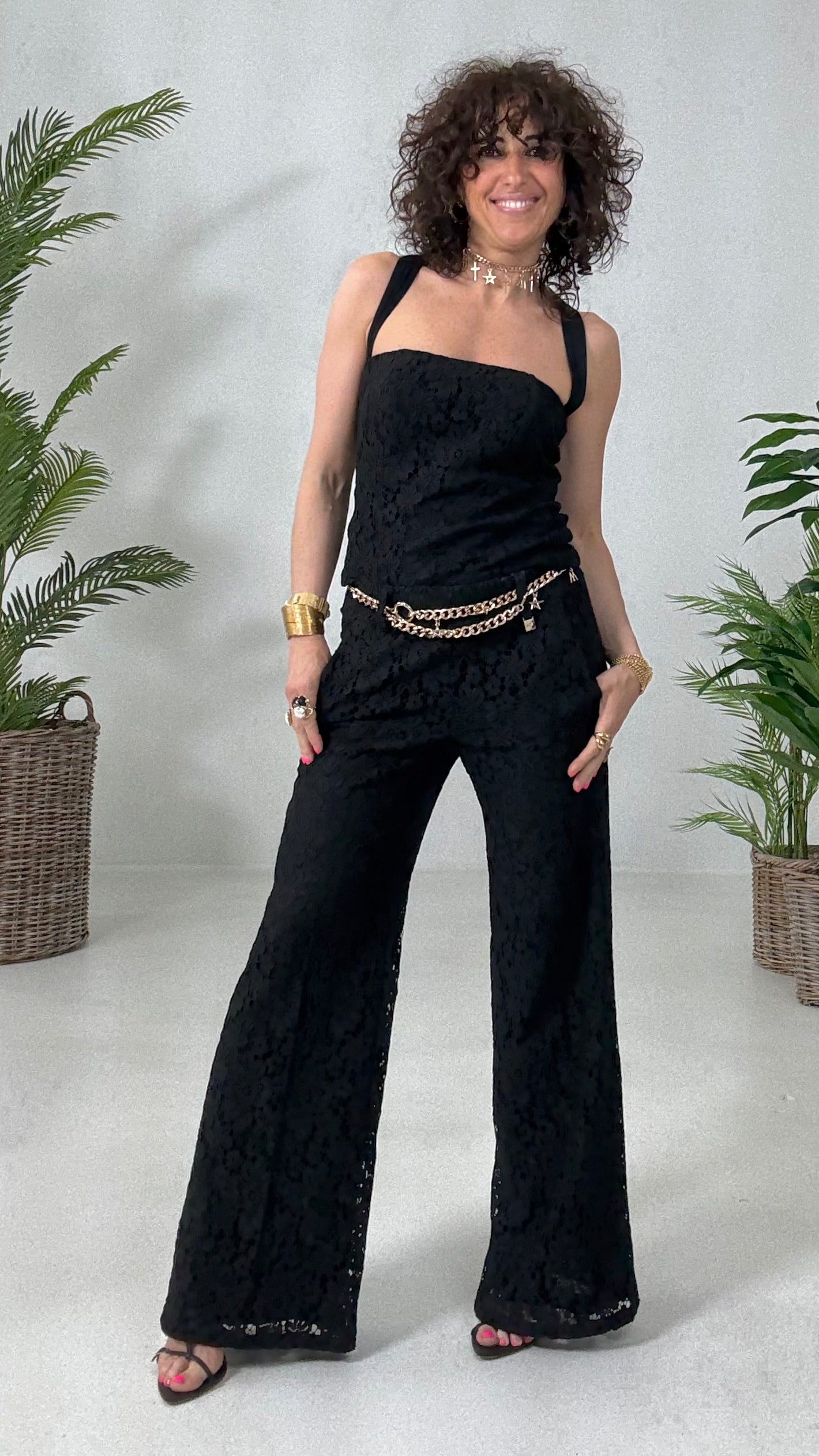 833 P25 NERO PANTALONE PALAZZO IN PIZZO DI COTONE