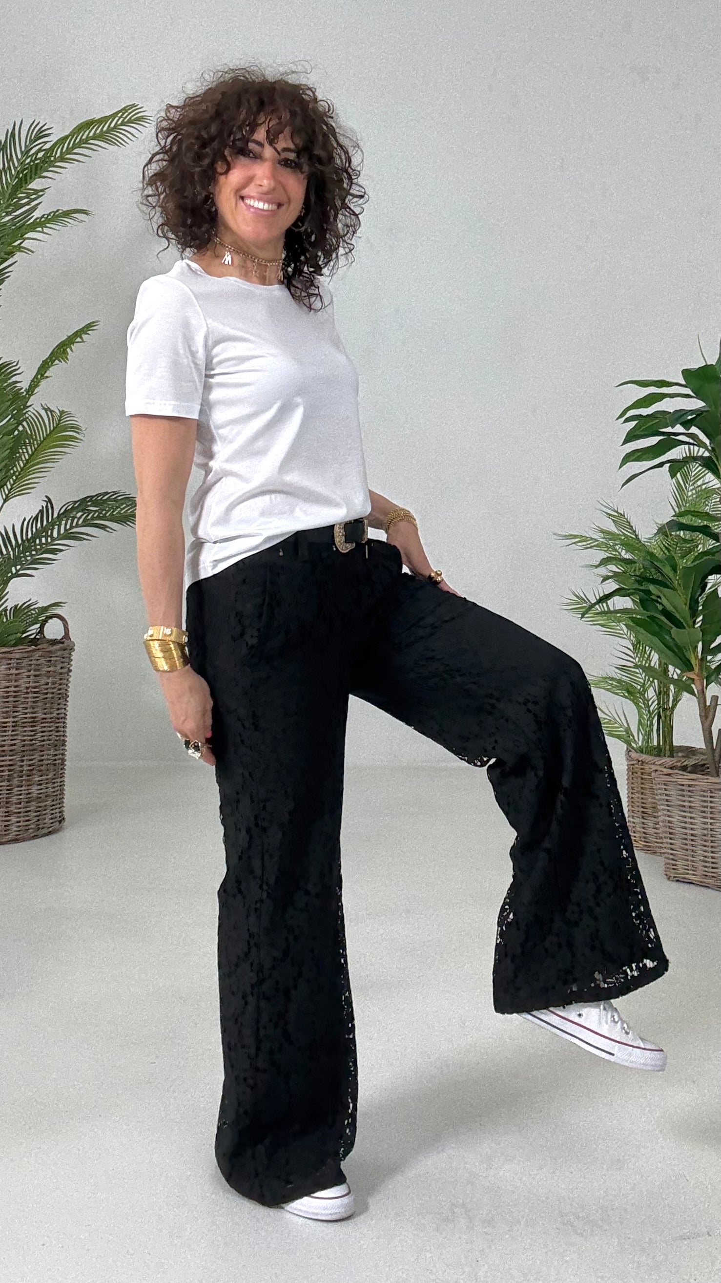 833 P25 NERO PANTALONE PALAZZO IN PIZZO DI COTONE