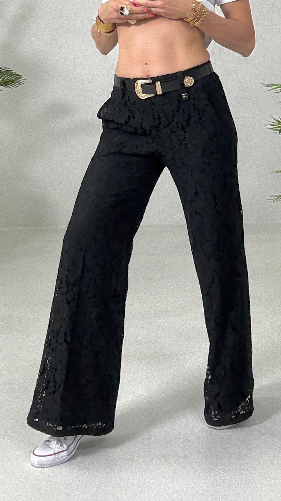 833 P25 NERO PANTALONE PALAZZO IN PIZZO DI COTONE