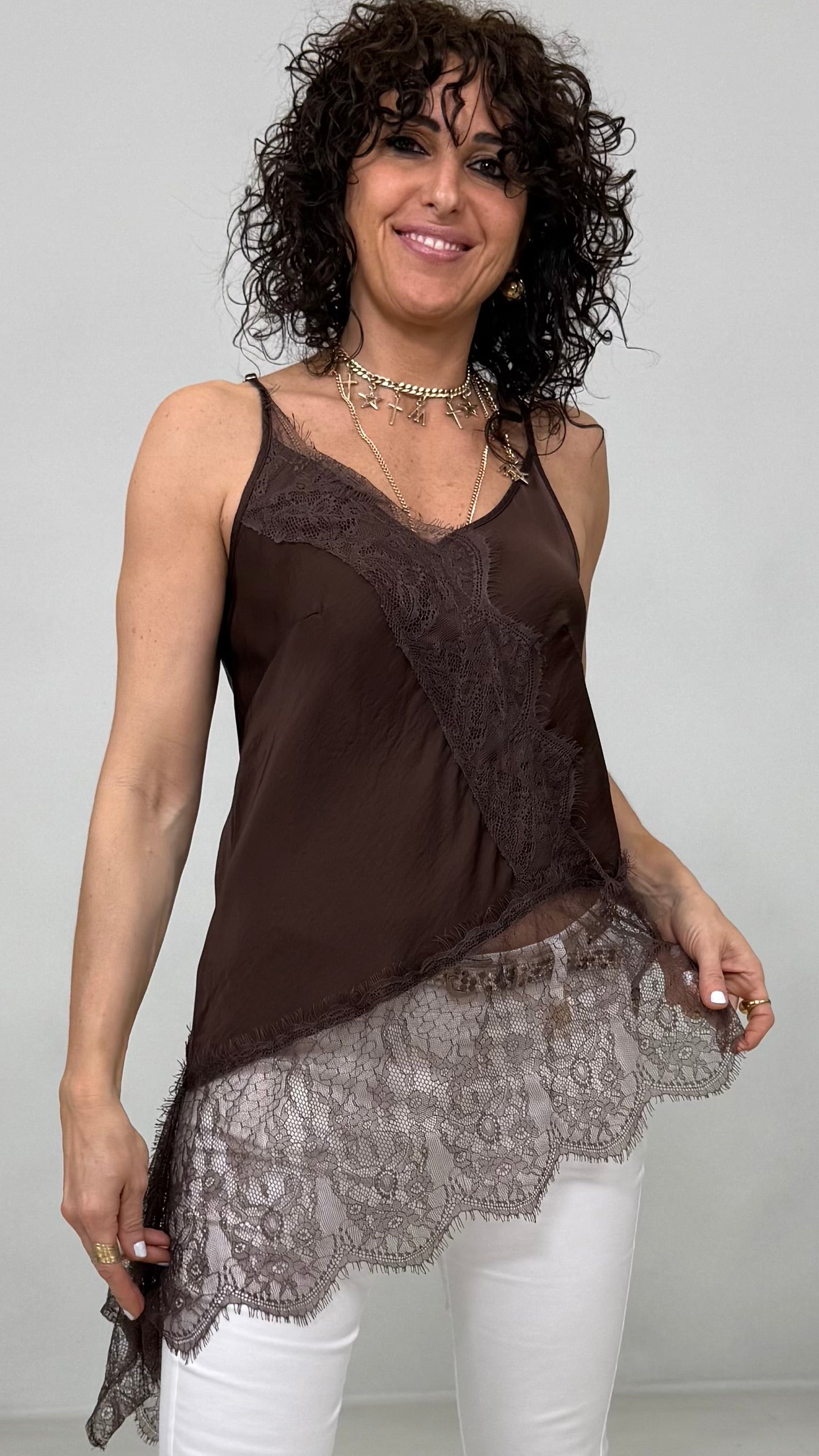 TOP ASIMMETRICO PIZZO IN TONO