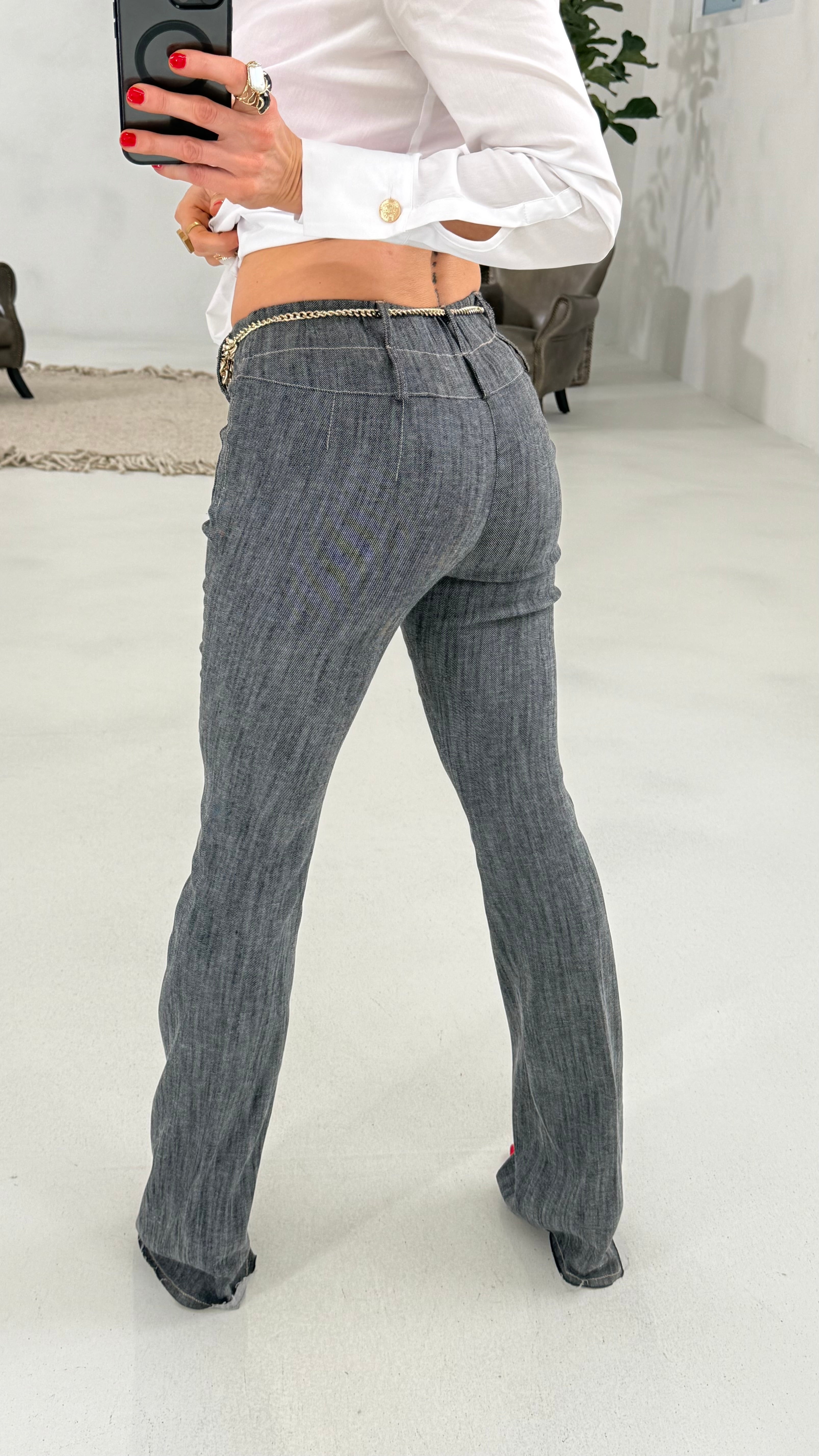 810 P25 NERO PANTALONE ZAMPA TRAMA JEANS ELASTICO
