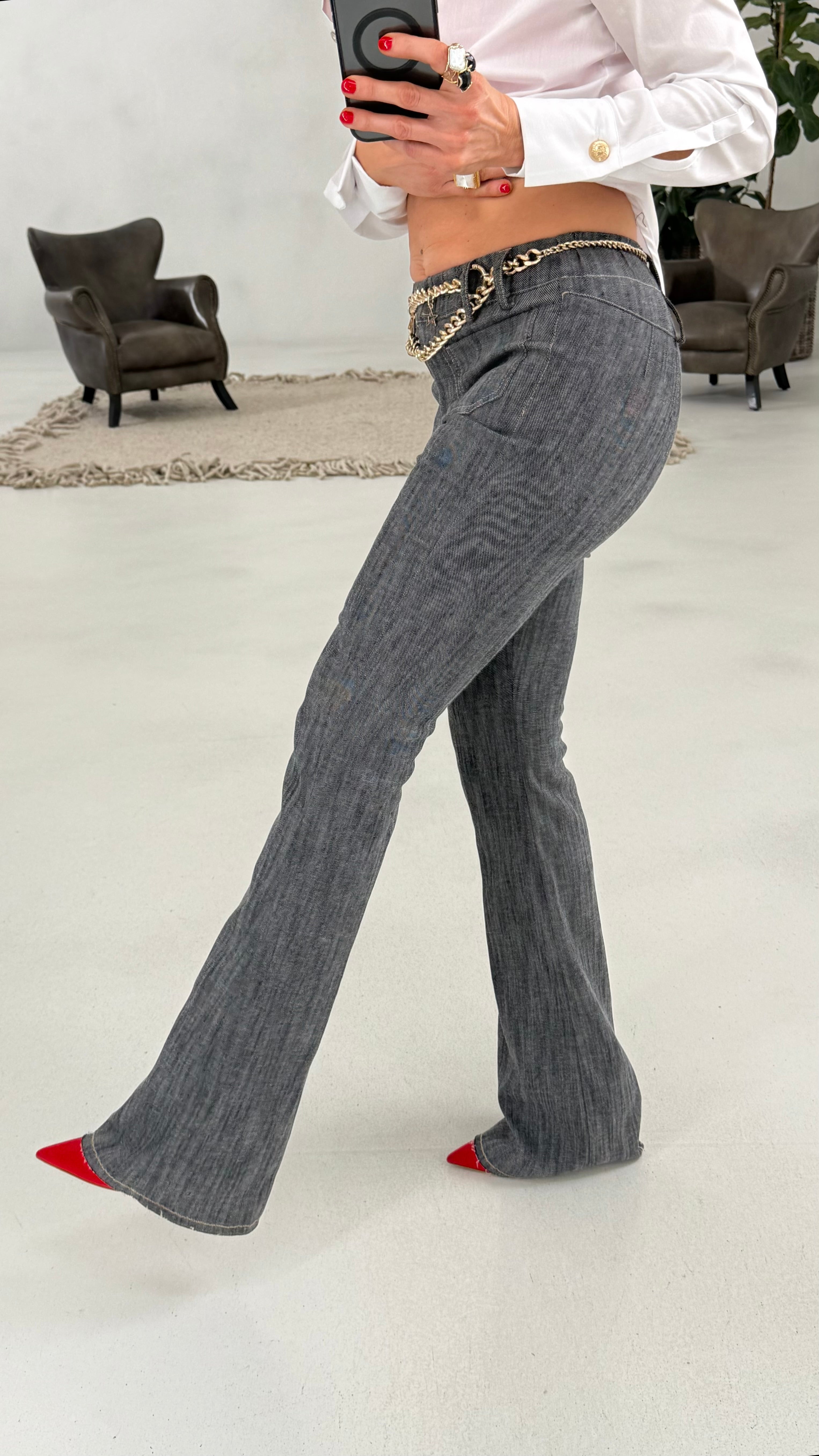 810 P25 NERO PANTALONE ZAMPA TRAMA JEANS ELASTICO