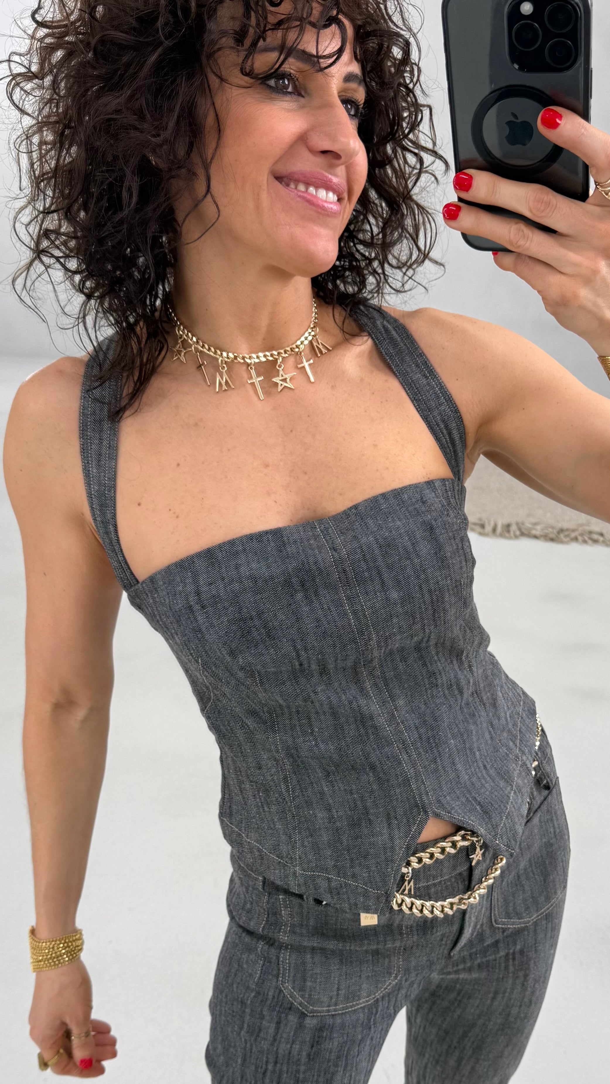 705 P25 NERO TOP BUSTINO TRAMA JEANS CON BRETELLE STACCABILI