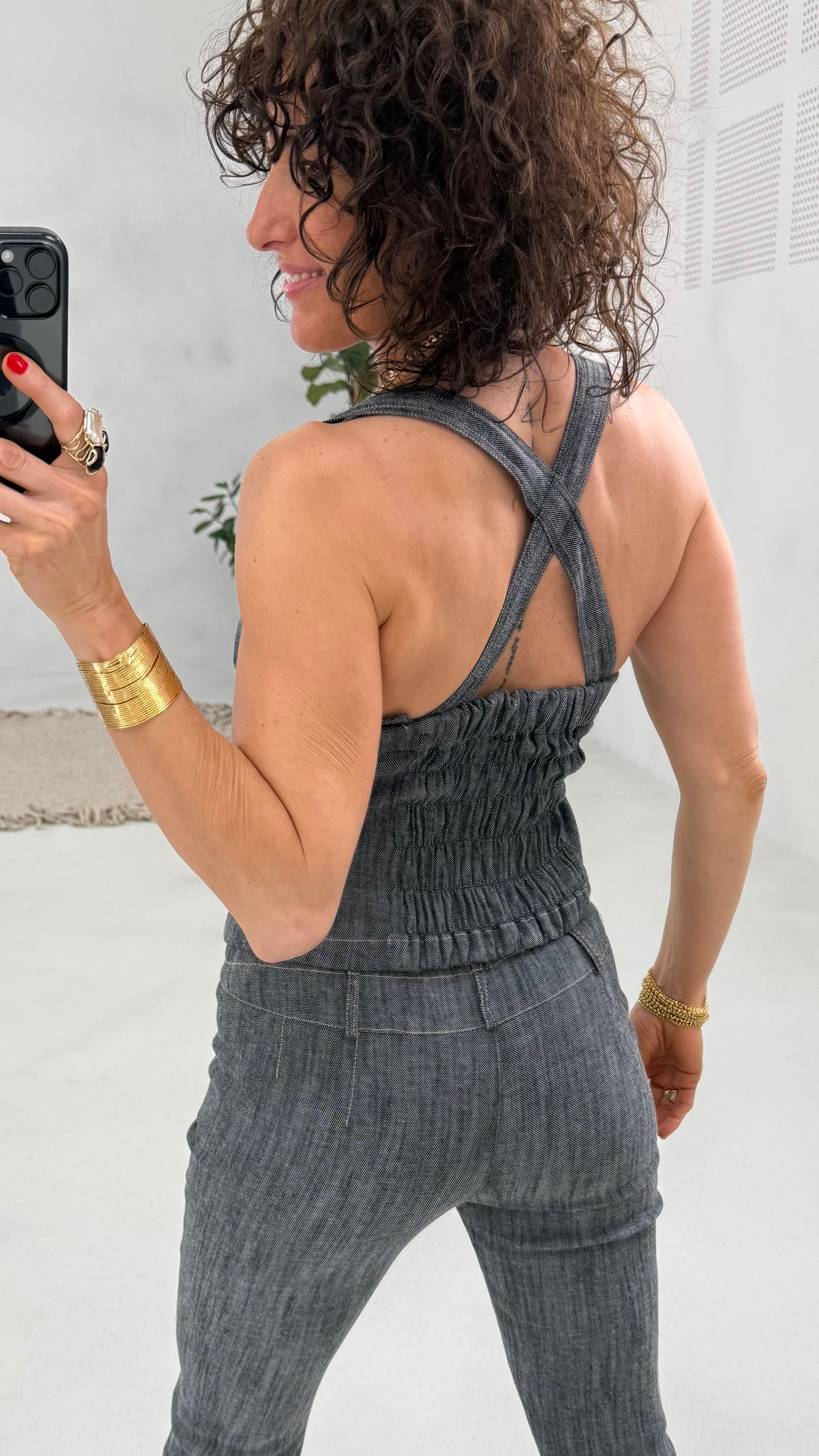 705 P25 NERO TOP BUSTINO TRAMA JEANS CON BRETELLE STACCABILI