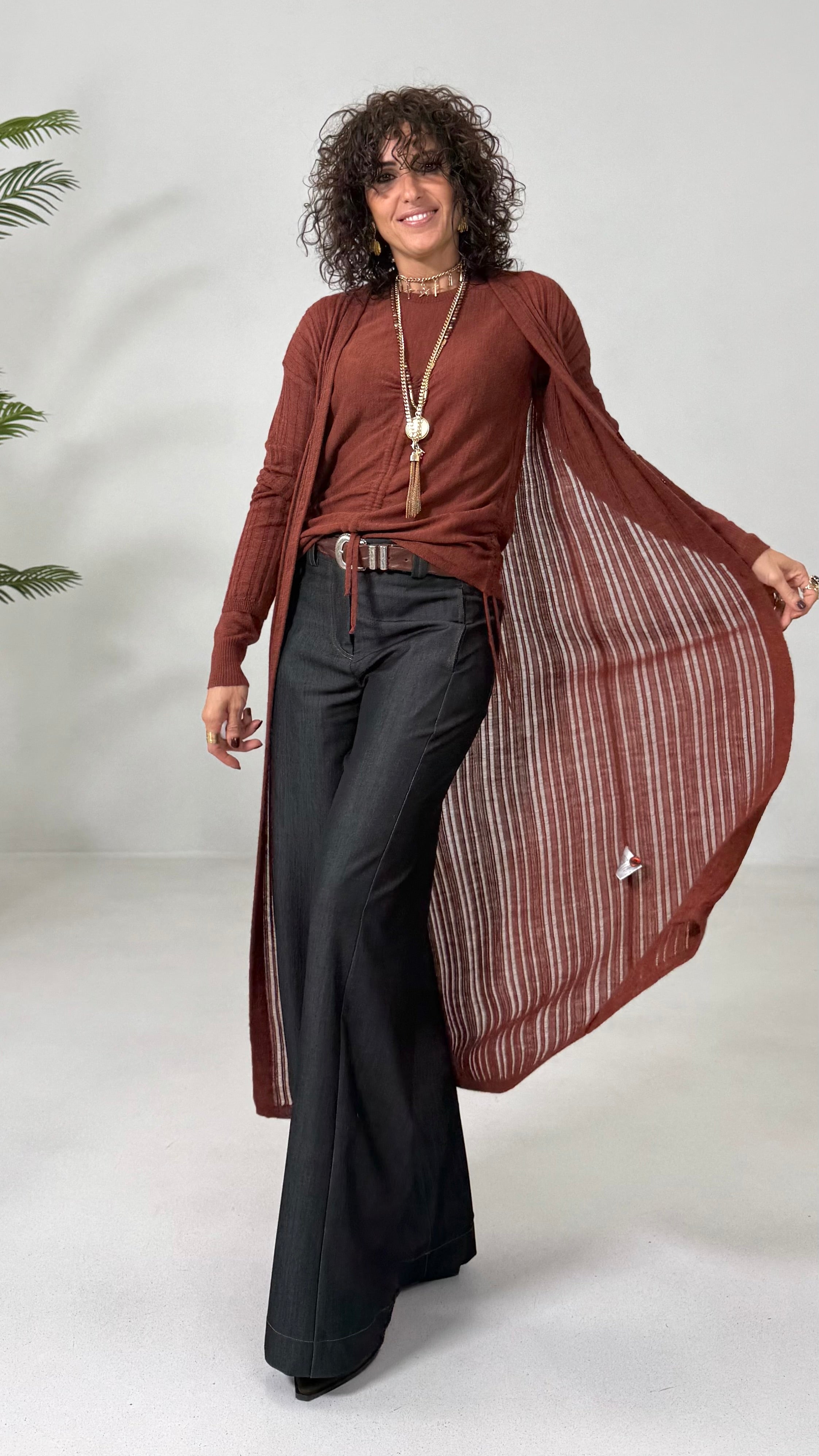 CARDIGAN LUNGO IN LANA VISCOSA PUNTO TRAFORATO