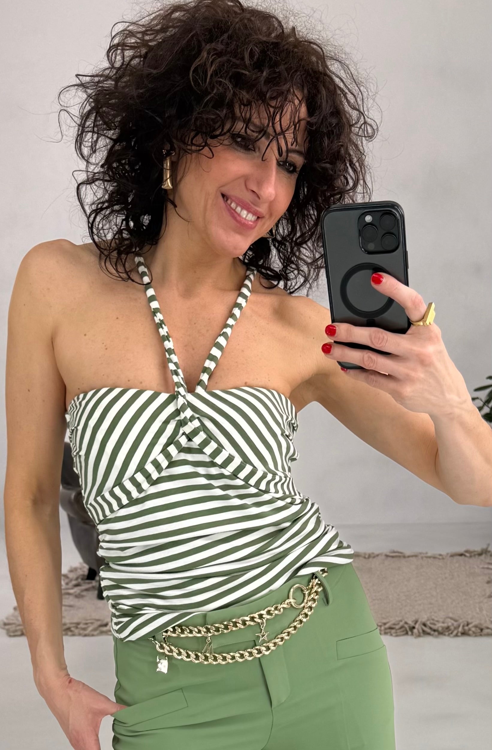 605 P25 BIANCO/MILITARE TOP SCOLLO INTRECCIATO IN JERSEY RIGATO
