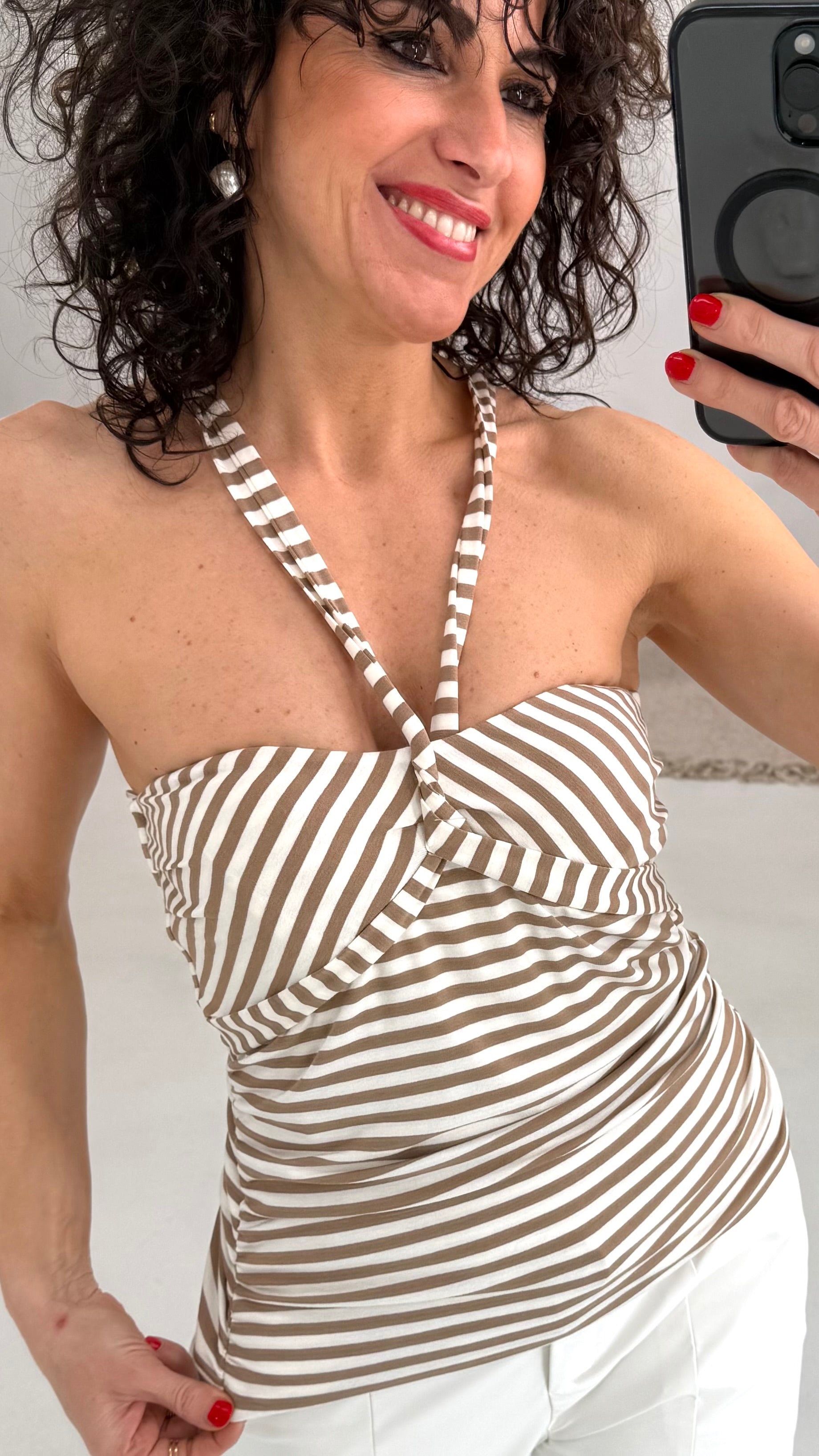 605 P25 BIANCO/TABACCO TOP SCOLLO INTRECCIATO IN JERSEY RIGATO