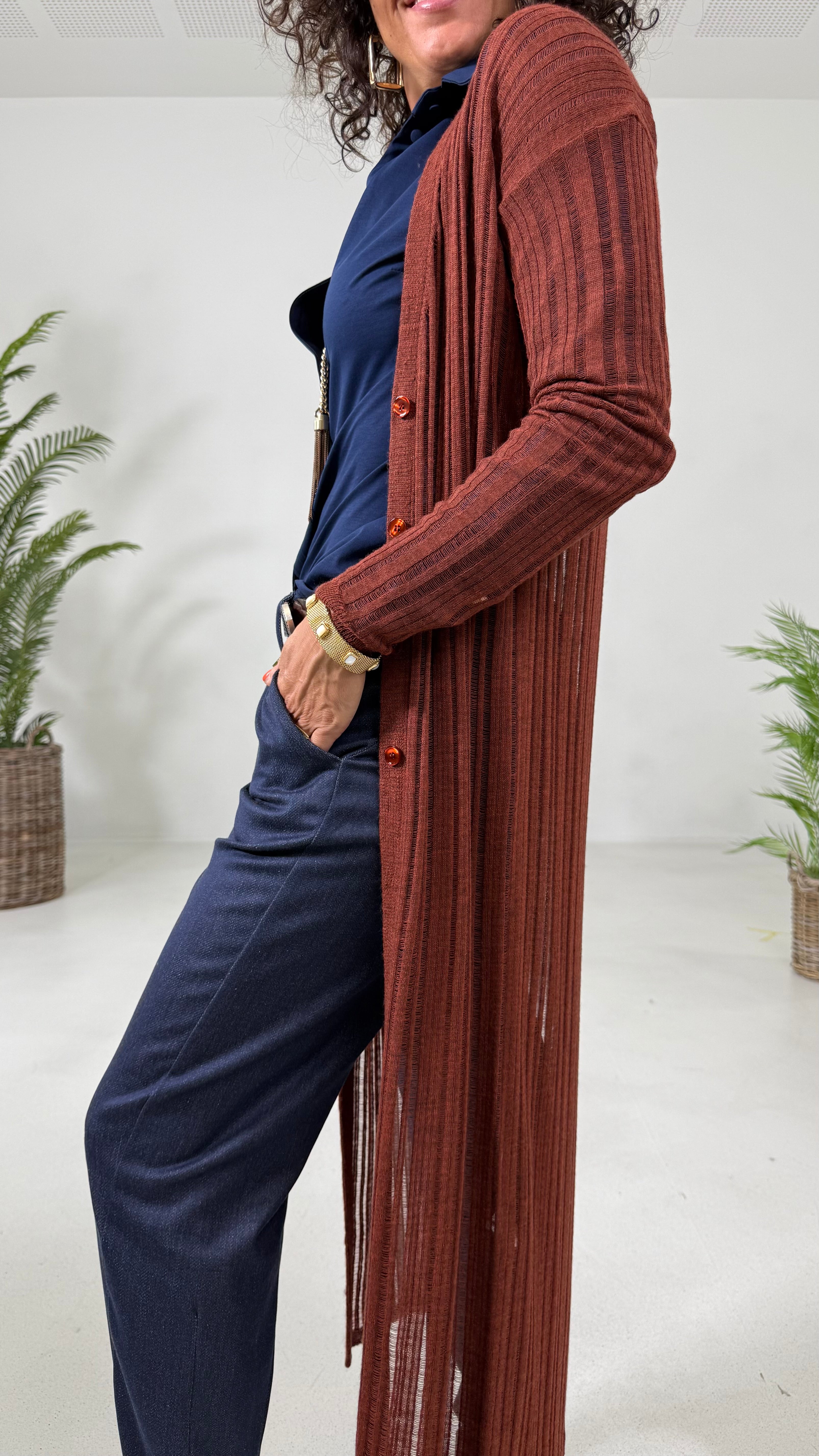 CARDIGAN LUNGO IN LANA VISCOSA PUNTO TRAFORATO