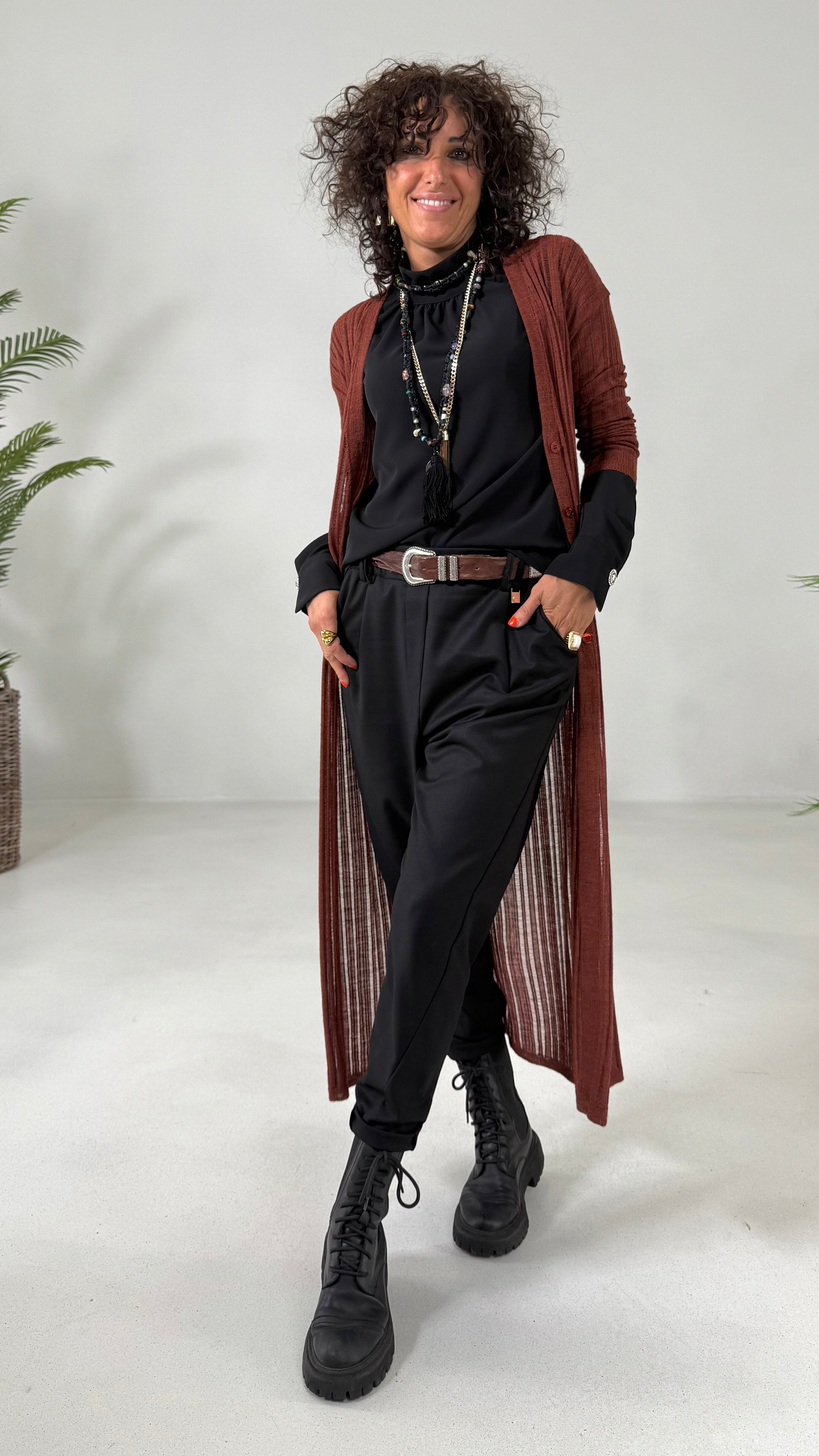 CARDIGAN LUNGO IN LANA VISCOSA PUNTO TRAFORATO