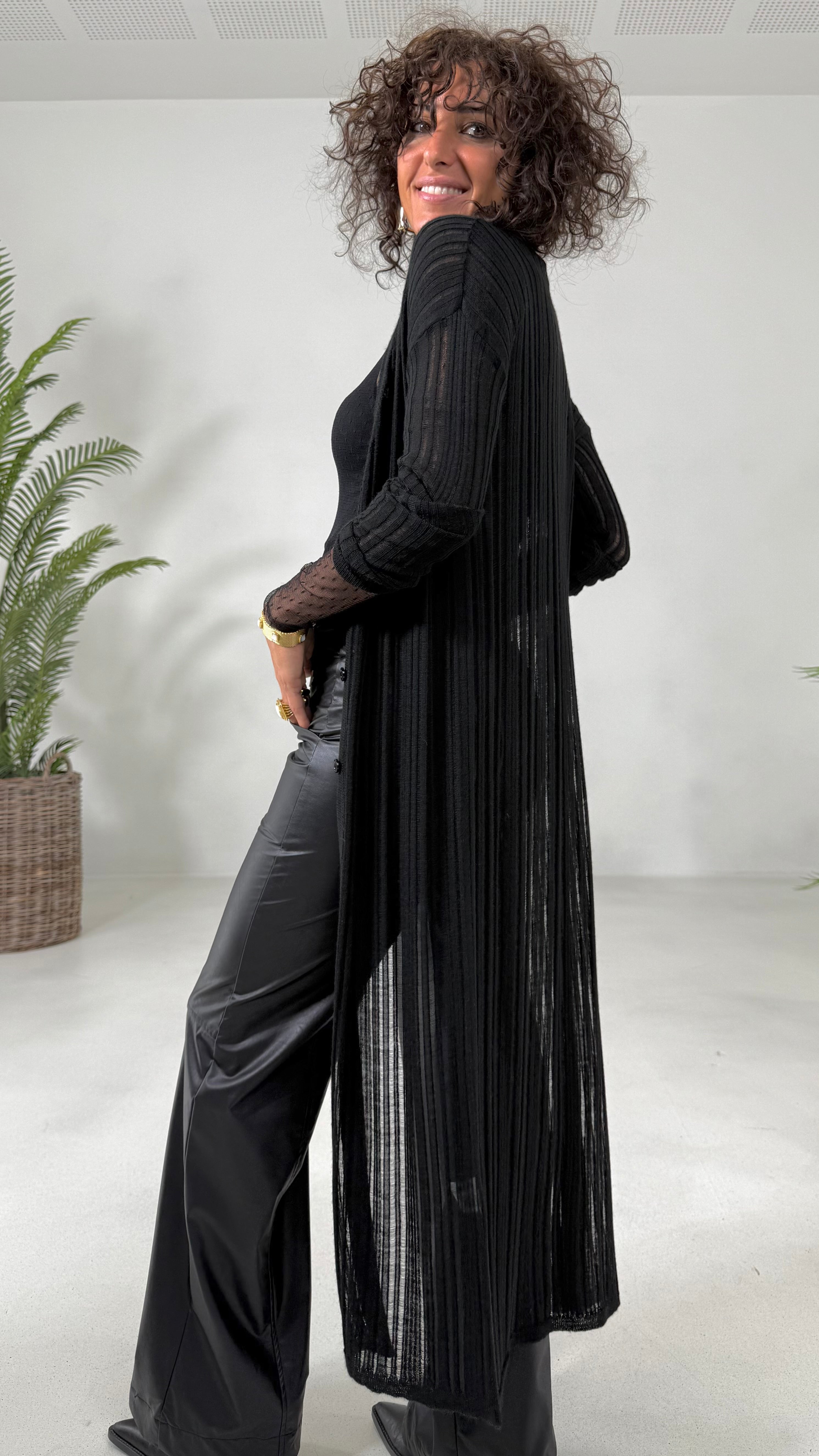 CARDIGAN LUNGO IN LANA VISCOSA PUNTO TRAFORATO